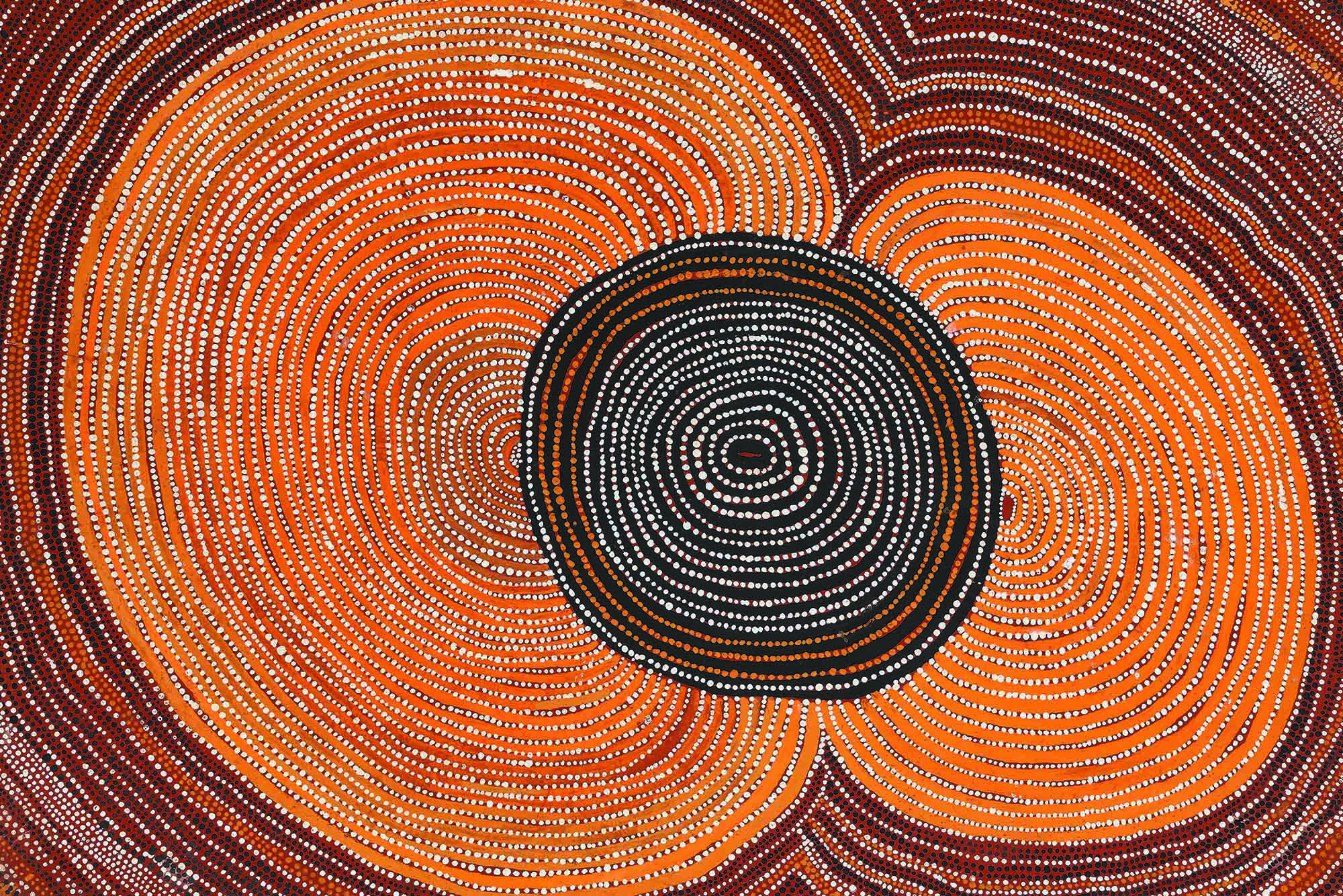 Shorty Lungkarta Tjungurrayi’s painting, “Rumya Tjukurrpa (Goanna Dreaming at Wantaritja),” 1980. (© The estate of the artist licensed by Aboriginal Artists Agency Ltd on behalf of Papunya Tula Artists Pty Ltd)