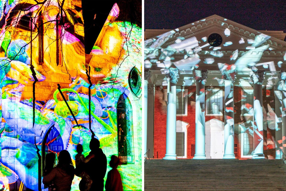 The “Brighter Together” projection mapping shows lit up the UVA Chapel, left, and the Rotunda, right. (Photo by Sanjay Suchak, University Communications)