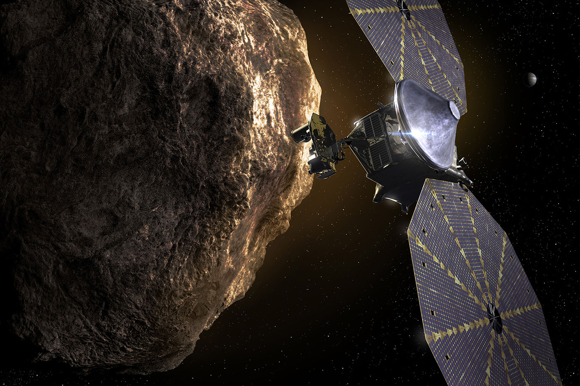 The Lucy spacecraft, depicted here with its two circular solar arrays, is scheduled to launch between Saturday and Nov. 7. (Image courtesy of NASA)