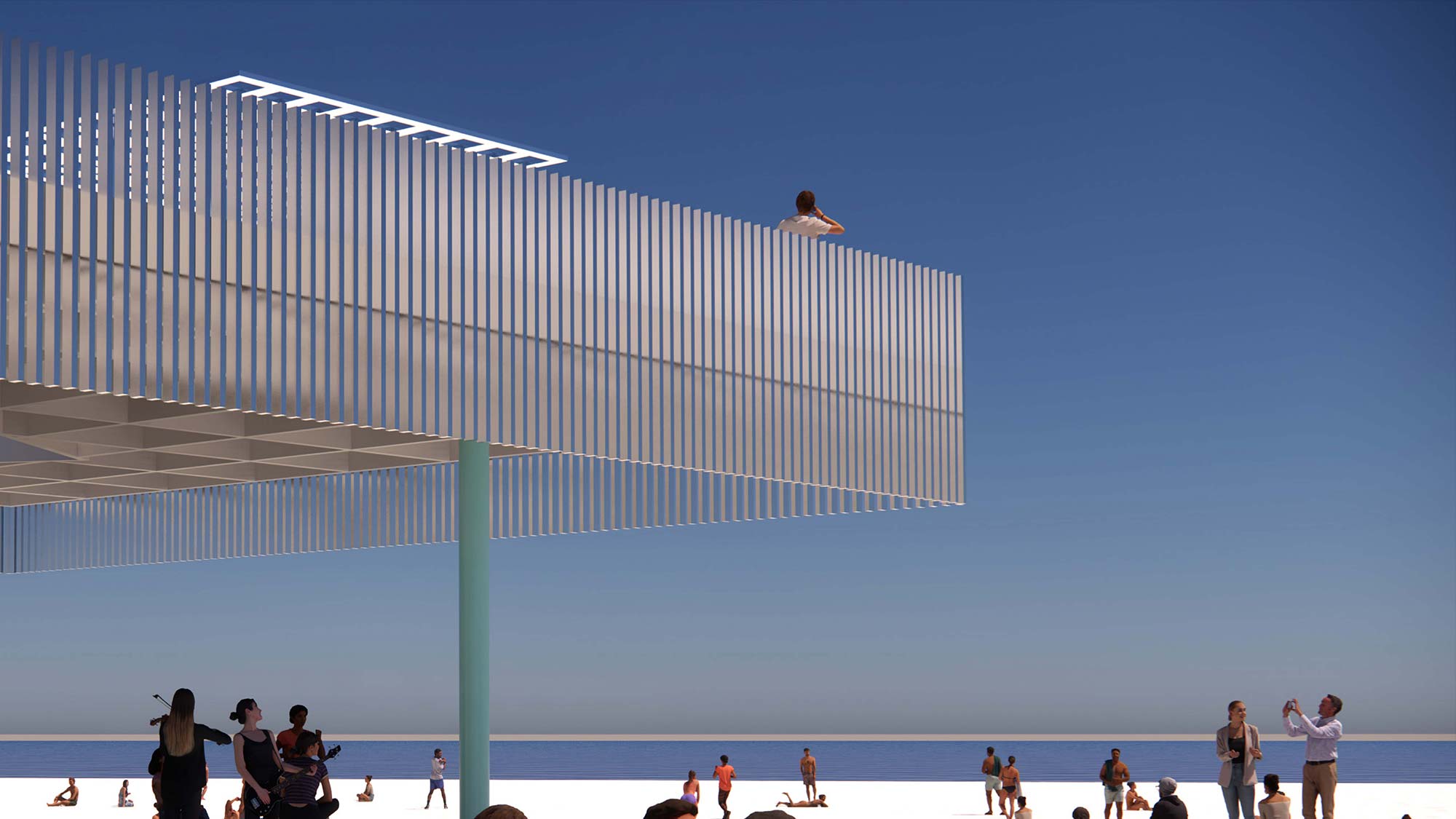A mock-up of a design for the boardwalk, featuring a structure providing shade on the beach.
