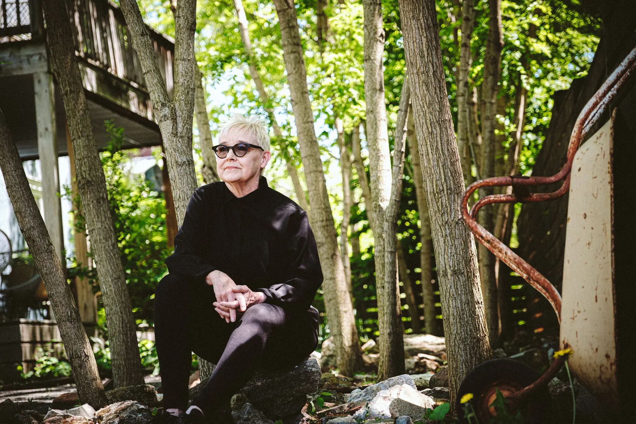 Julie Bargmann in her “debris garden” outside her home in Charlottesville, Va.Credit...Eze Amos for The New York Times