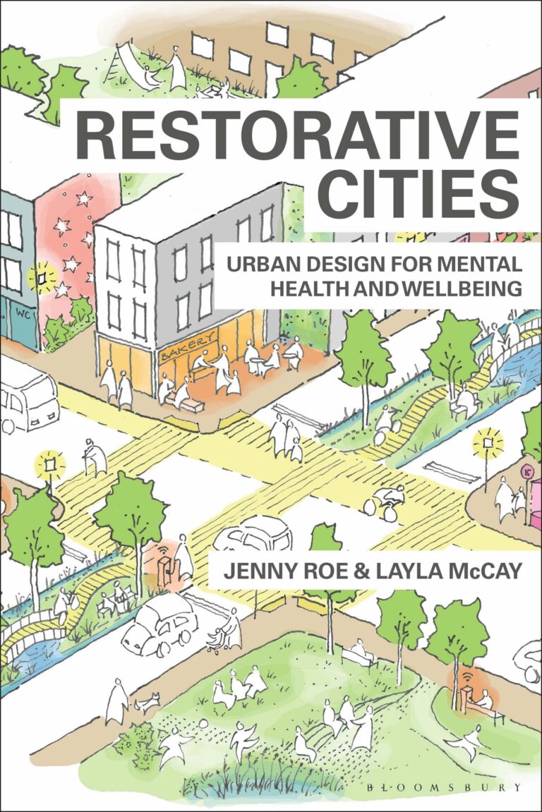 The cover of the book "Restorative Cities" with a city placed in the background.