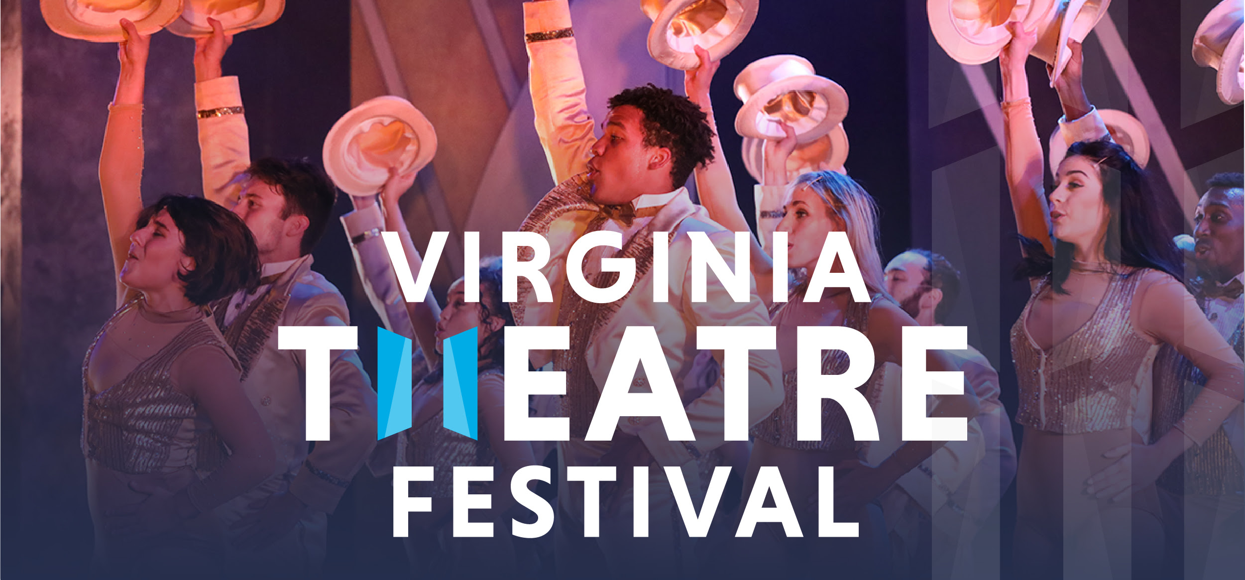 The Virginia Theatre Festival logo overlays a group of people raising their top hats in a dance.