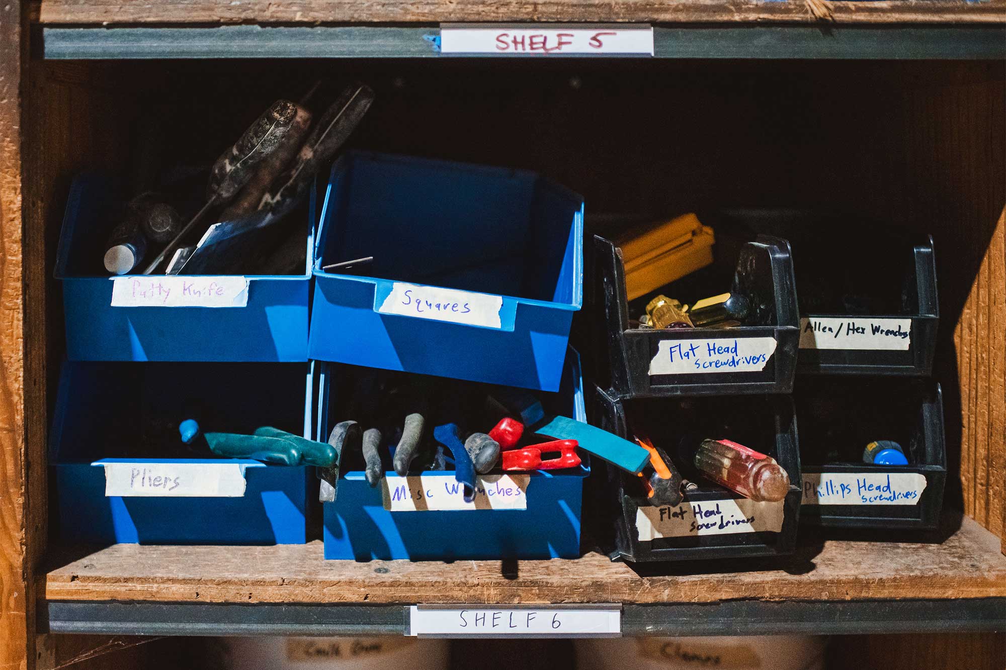 Tools are catalogued and carefully stored on wooden shelves at the Charlottesville Tool Library. (Photos by Fang Yi)