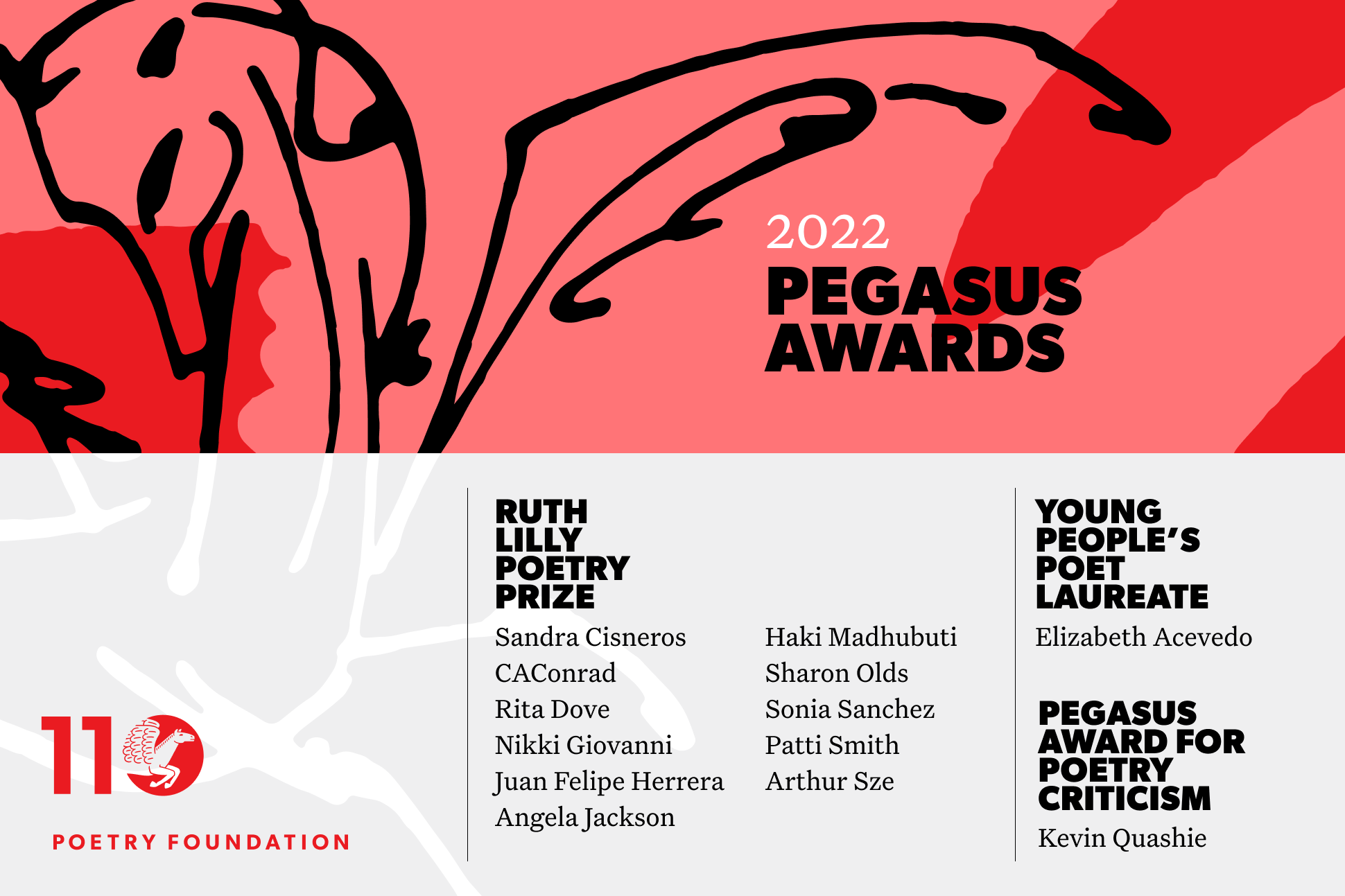 Top half of image has abstract coral and red shapes, overlaid with the phrase "2022 Pegasus Awards." Bottom half lists the winners; details in text of release.