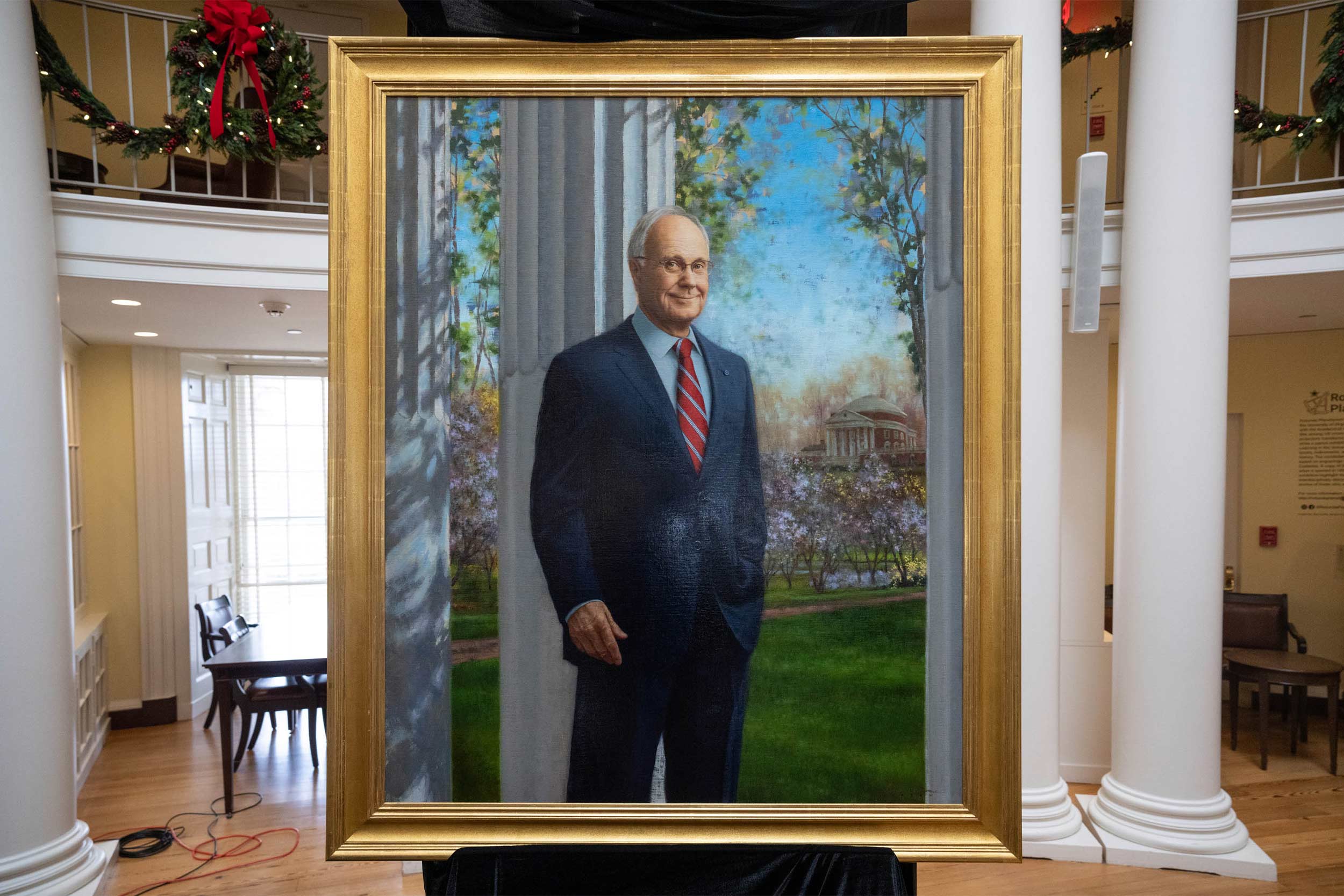 The portrait of John T. Casteen III, unveiled Friday during a Board of Visitors’ lunch, will hang in the Rotunda’s North Oval Room. (Photo by Sanjay Suchak, University Communications)