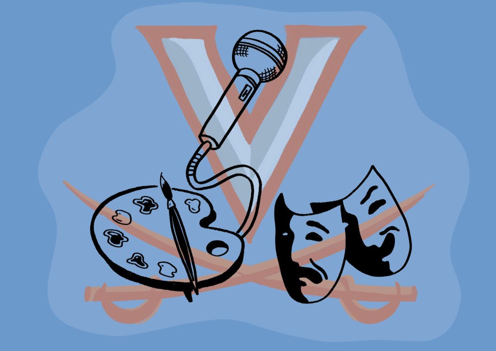 A graphic with a blue background shows the UVA V and sabres logo overlayed with drawings of a painter's palette, the comedy and tragedy masks, and a microphone.