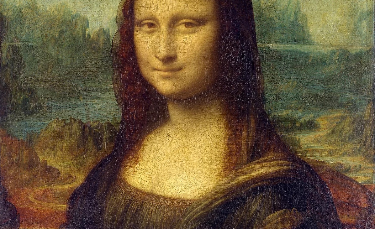 "Mona Lisa" by Leonardo Da Vinci. A painting of a woman with brown hair in front of a scenic background. 