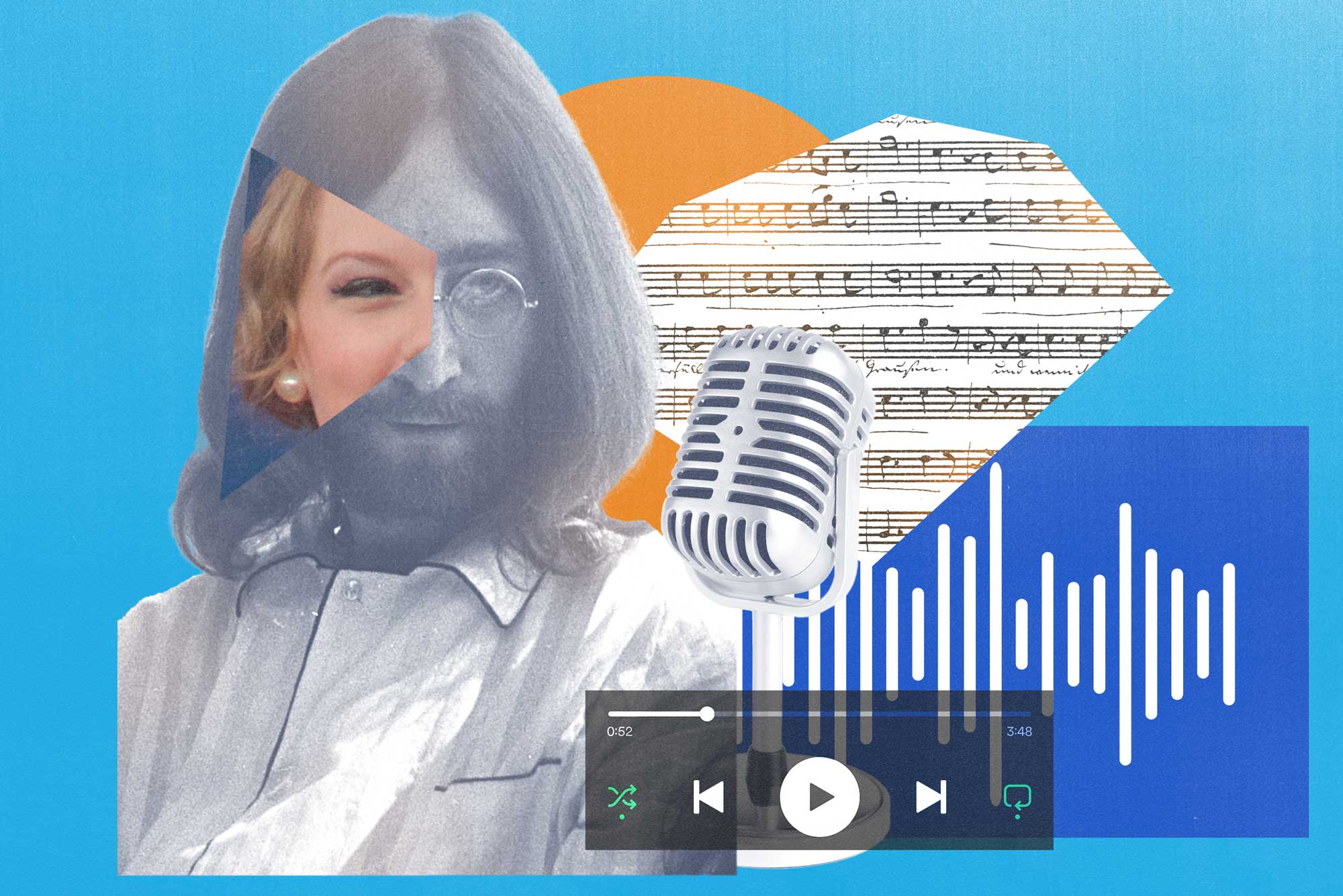 An orange and blue design includes a mashup of Madonna and John Lennon's face, a microphone, sheet music, and the play function on a smart phone.