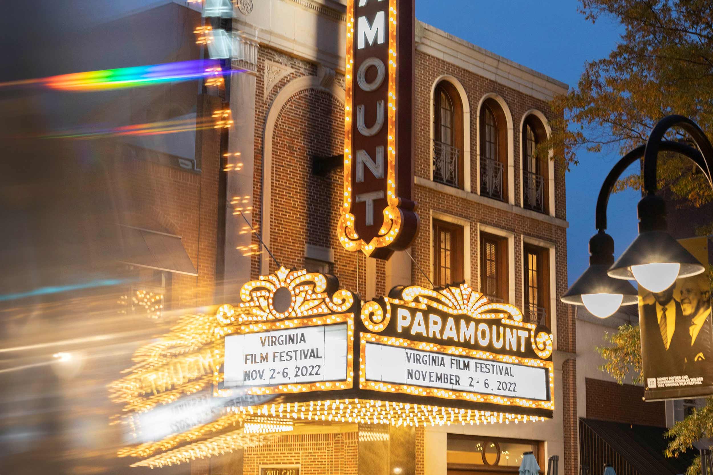 A photo of the marquee on the Paramount Theater from last year's Film Festival which reads, "Virginia Film Festival November 2-6, 2022" 