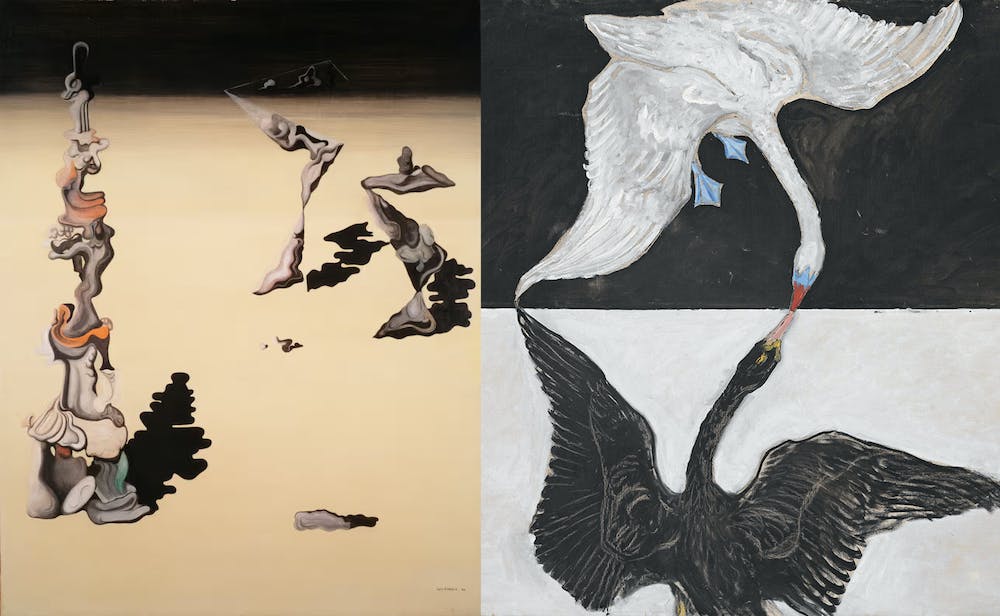 Two paintings are shown side-by-side: "Fraud In The Garden" by Yves Tanguy, an abstract piece, and "The Swan, No.1" by Hilma af Klint, which features two swans—one black and one white—with their beaks touching.