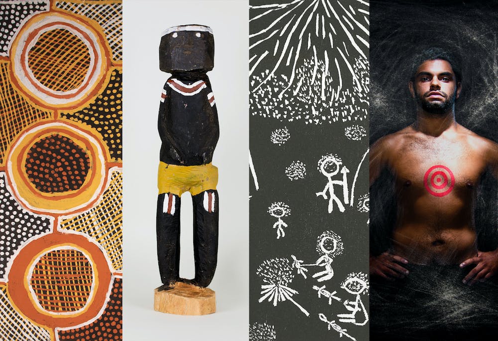 Four works from the Kluge-Ruhe's "Performing Country" exhibit. From left to right: a painting made of brown, orange, black and white circles, dots and lines; a painted statue of a person; an illustration in white of people over a dark gray background; a photo of a shirtless man with a red bullseye on his chest in front of a black background.