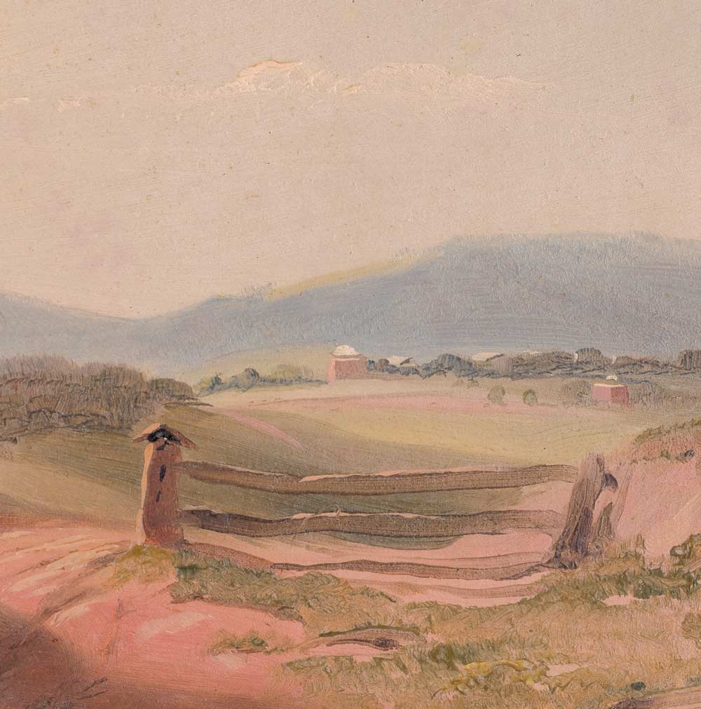 A painting by Russell Smith depicts a far-away view of the Rotunda from present-day Old Ivy Road.