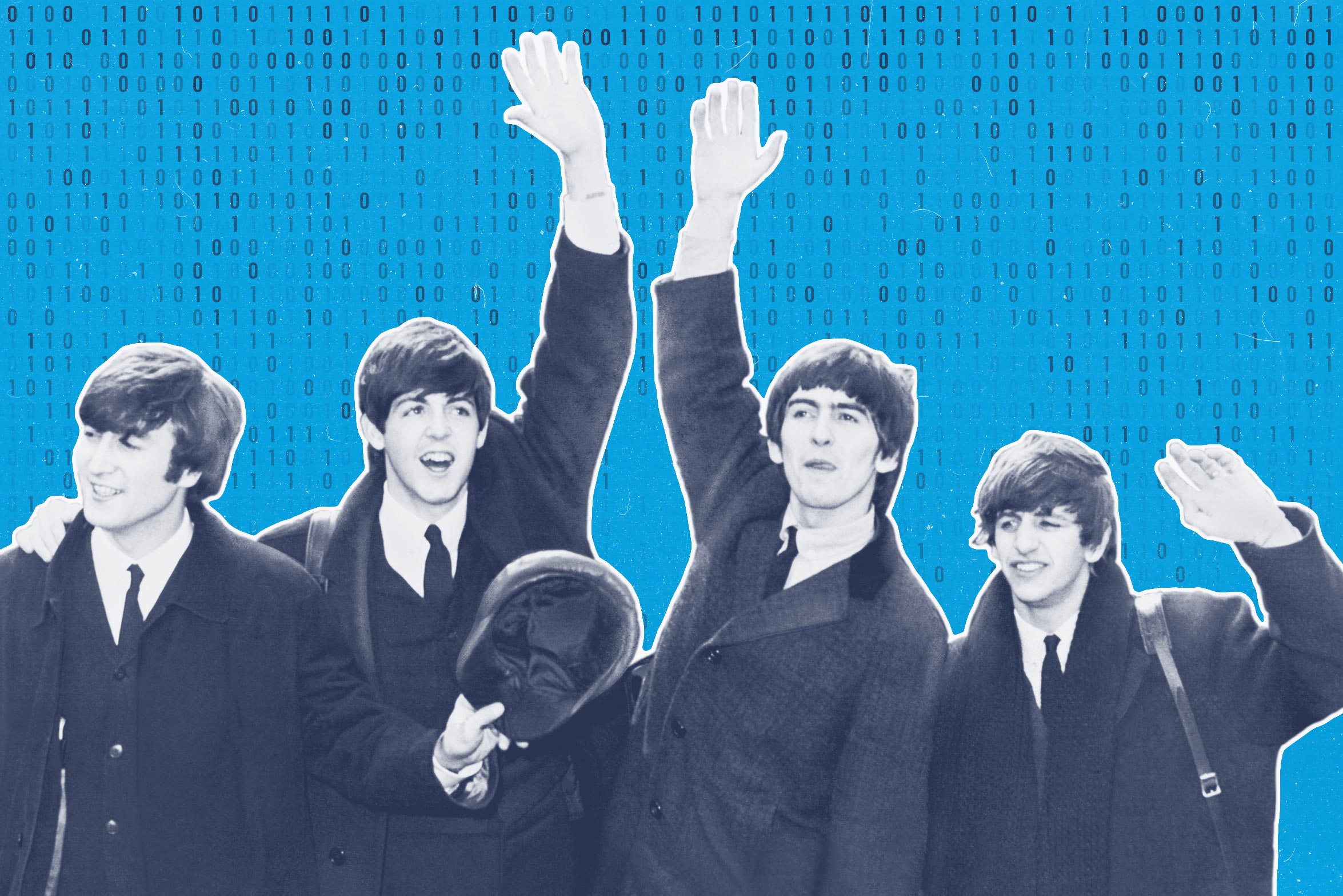 The four members of The Beatles wave and smile in black-and-white laid over top of a blue background made of binary code.