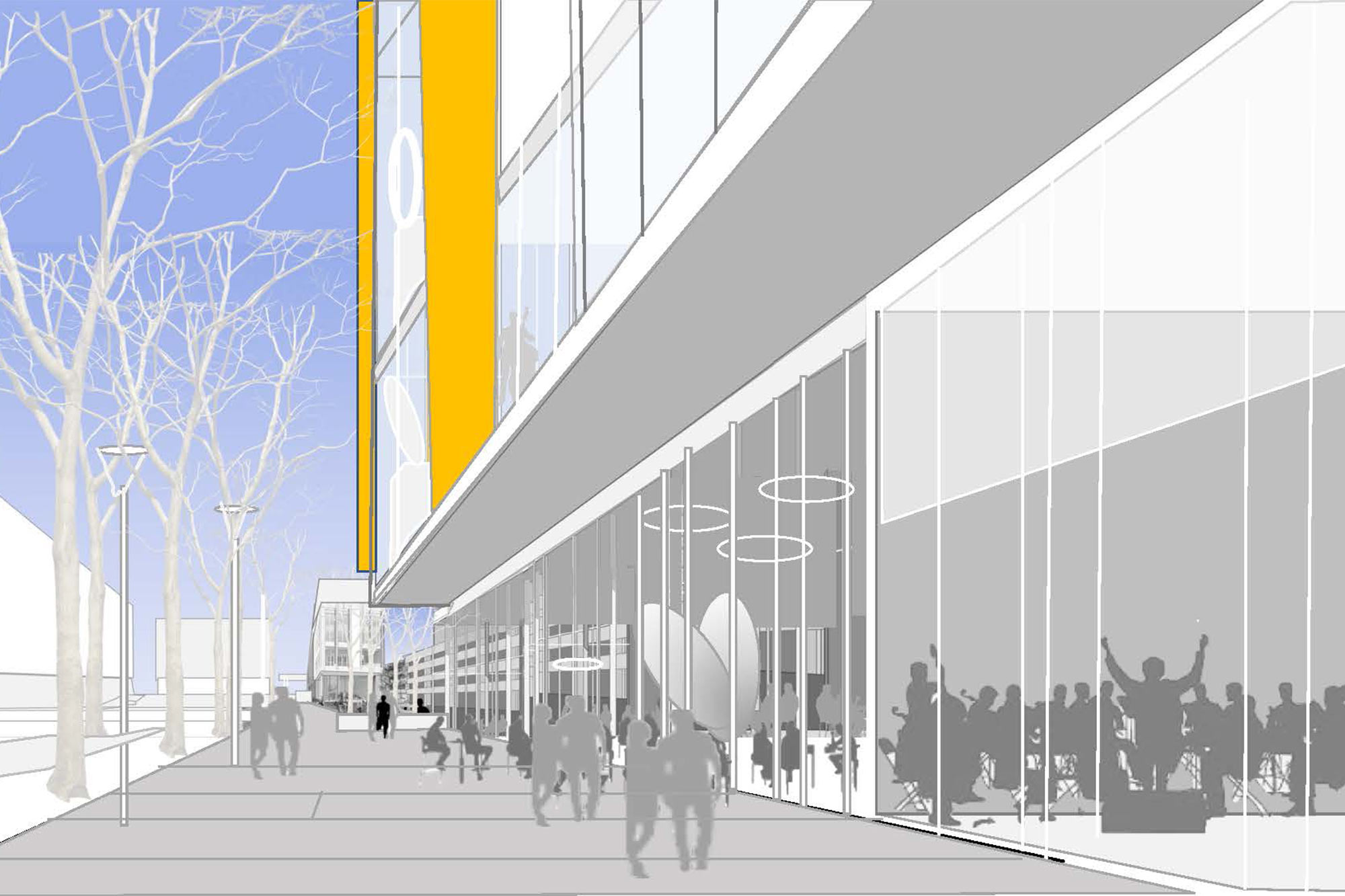 An illustration of the future performing arts center in the Emmet-Ivy Corridor. The illustration shows a walkway next to a two-story building with floor-to-ceiling windows.