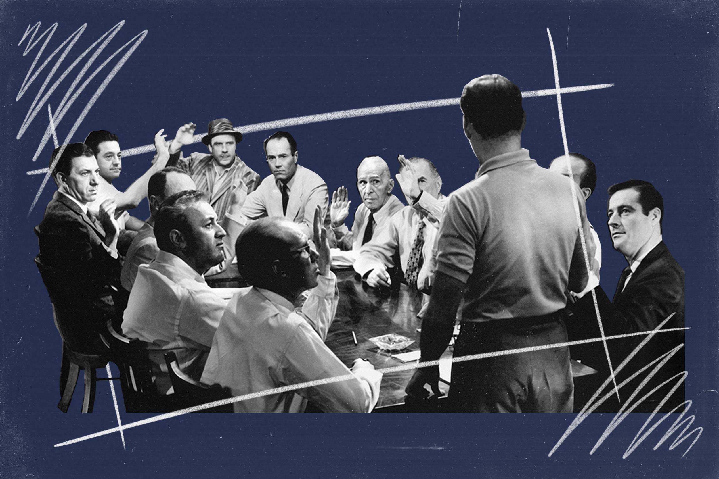 An illustration against a blue background featuring a black-and-white still from the film "12 Angry Men." The men sit around a table, some raising their hands. 