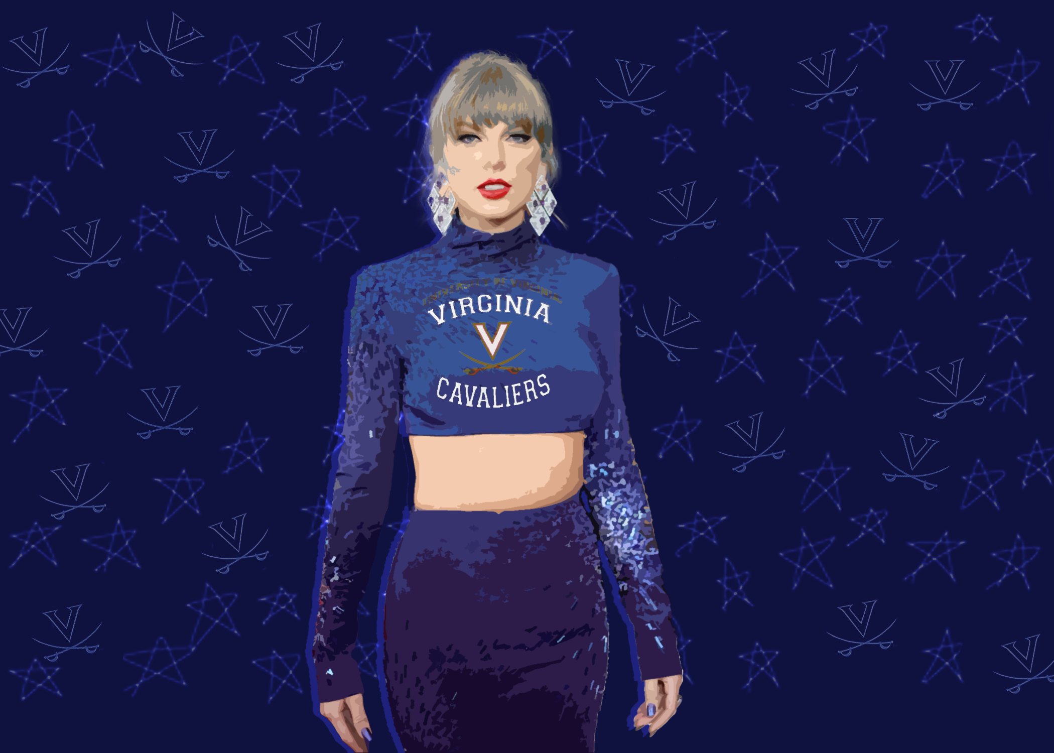 An illustration of Taylor Swift wearing a long-sleeved shirt that has the V and sabres and reads "Virginia Cavaliers." 