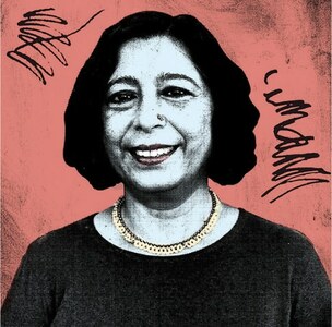An illustration of Mehr Afshan Farooqi, smiling against a light red background.