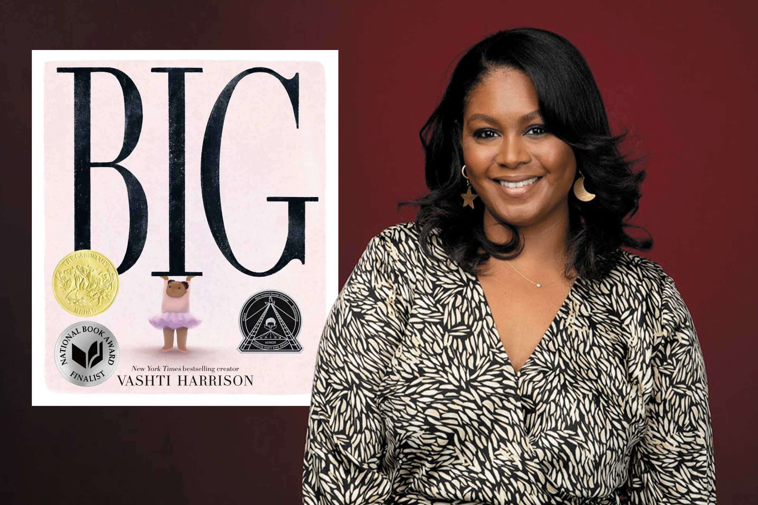Writer Vashti Harrison smiles wearing a black-and-white-patterned shirt. Next to her is the cover of her book, "Big," which features the title in huge letters with the "I" being held up by a little girl in a pink tutu.