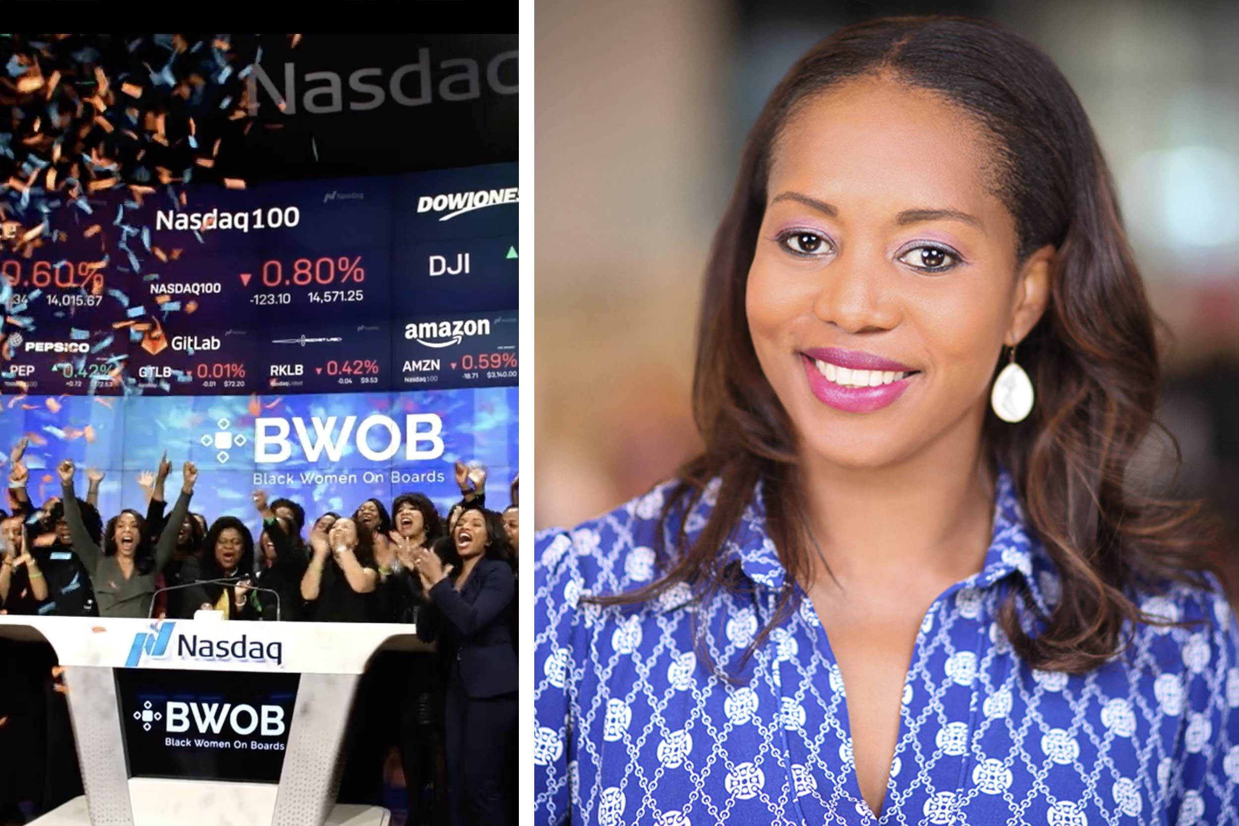 A split photo: on the left, a group of Black women at the New York Stock Exchange smiling and celebrating. On the right, filmmaker Shannon Nash smiles at the camera.