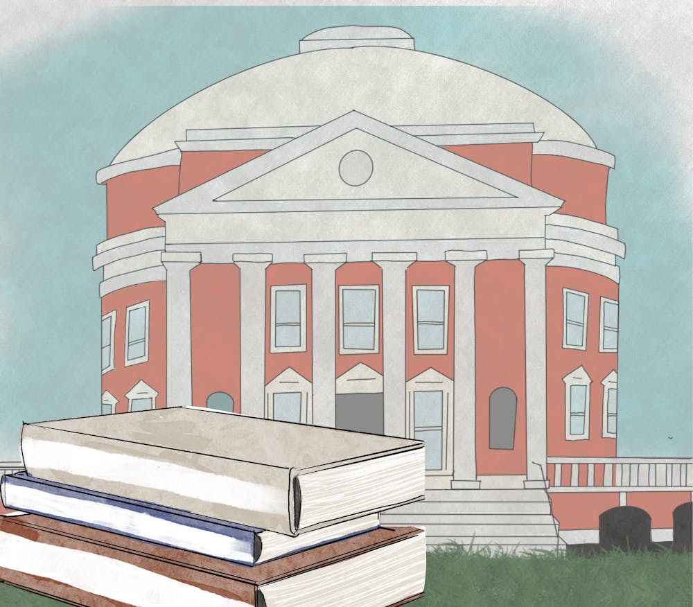 A drawing of a stack of books in front of the Rotunda.