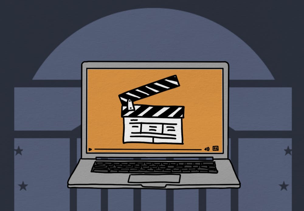 A drawing of a laptop with a black-and-white film clapper on an orange background, overlaid on a background that features the outline of the Rotunda.