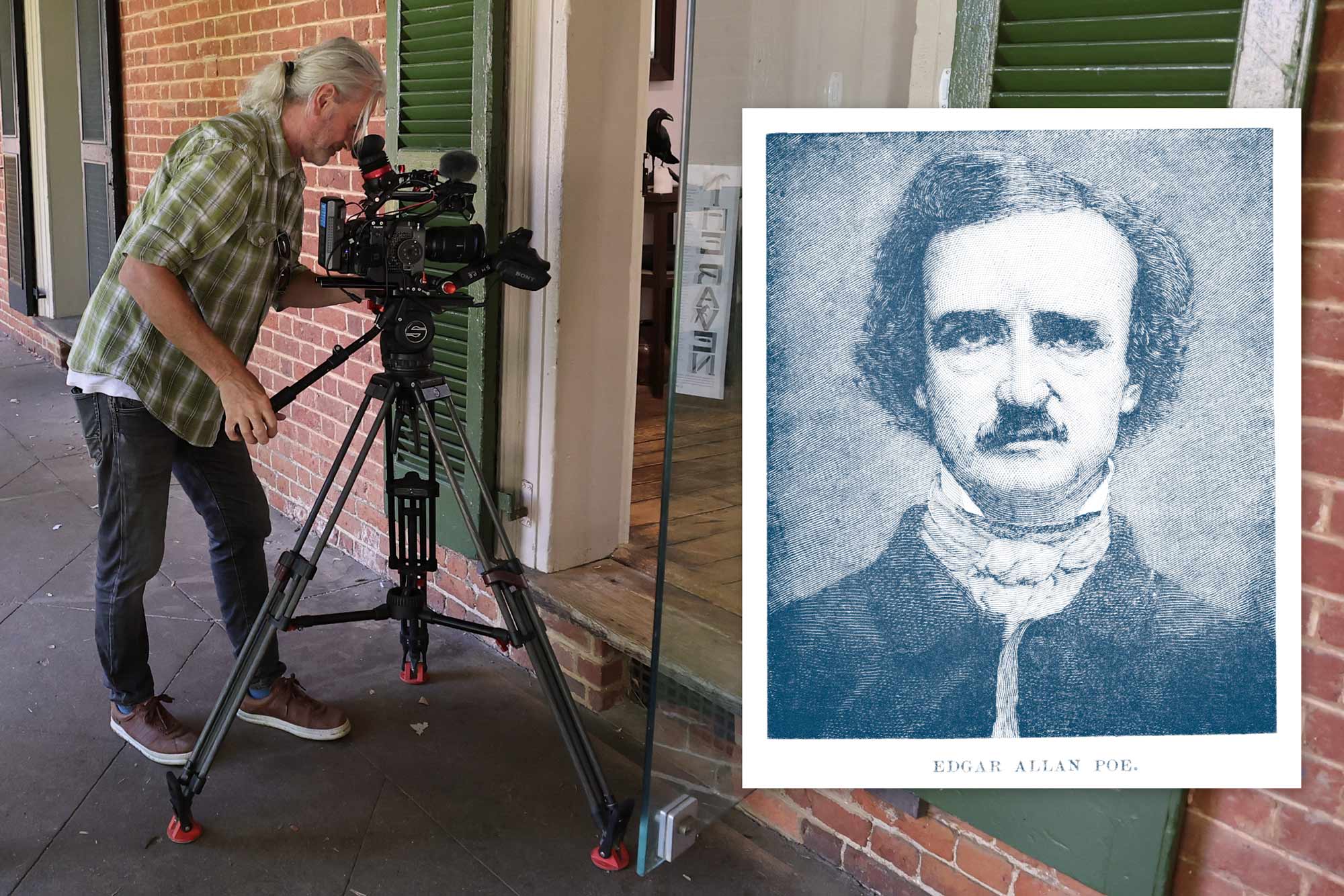 A black-and-white photo of Edgar Allan Poe is superimposed over a photo of a man with a camera filming into a room on the Range at UVA. The building is brick on the outside and has green shutters.