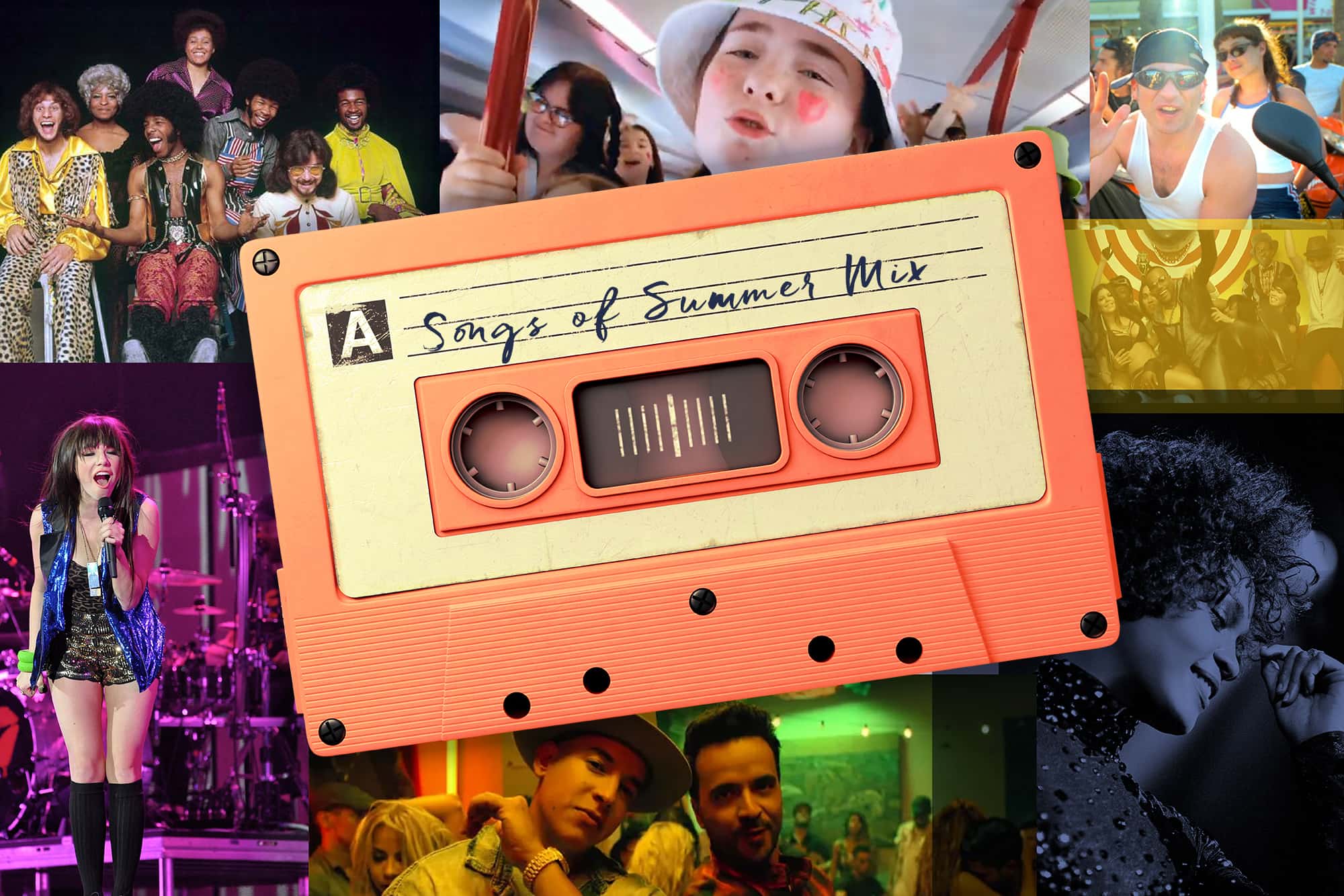 A collage of various musical performers with an overlaid photo of a coral-colored cassette tape that reads "Songs of Summer Mix."