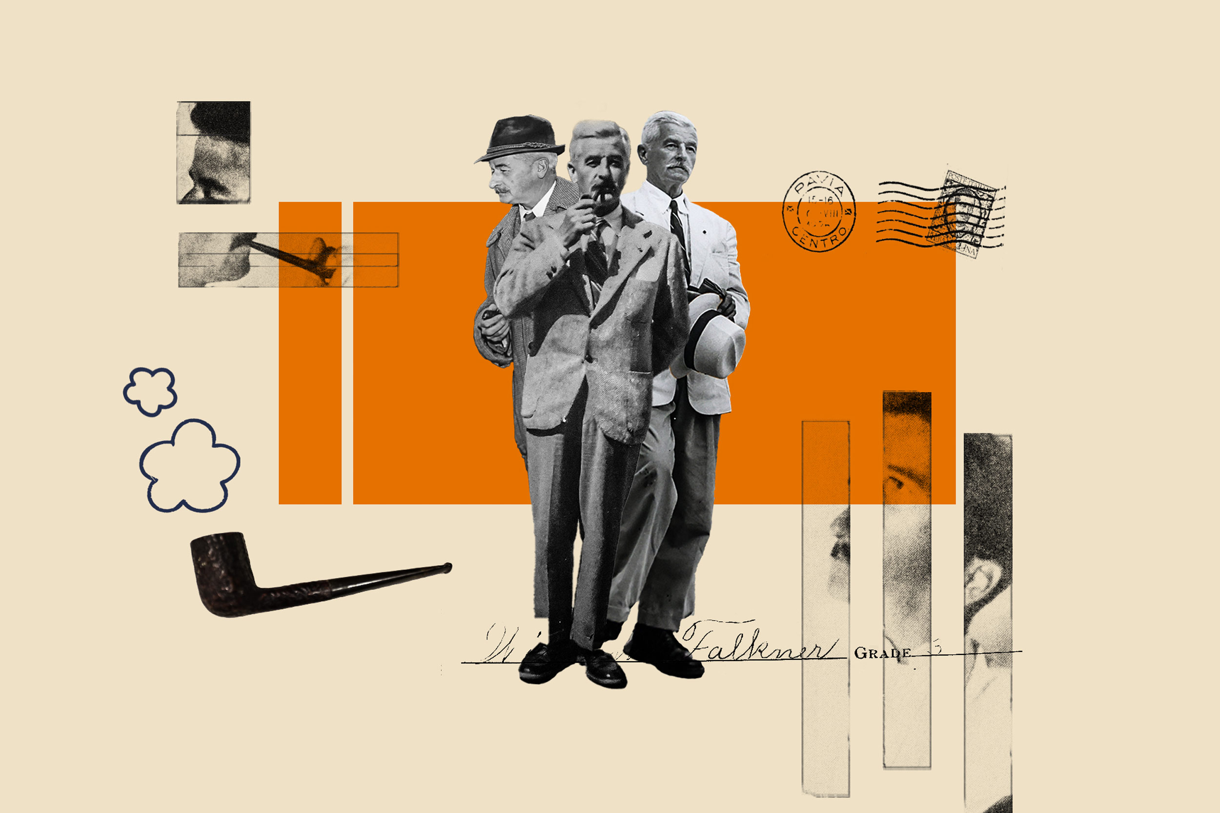 A collage includes photos of Faulkner at three different stages of life, a pipe with puffs of smoke, a stamp, his signature, and orange squares.