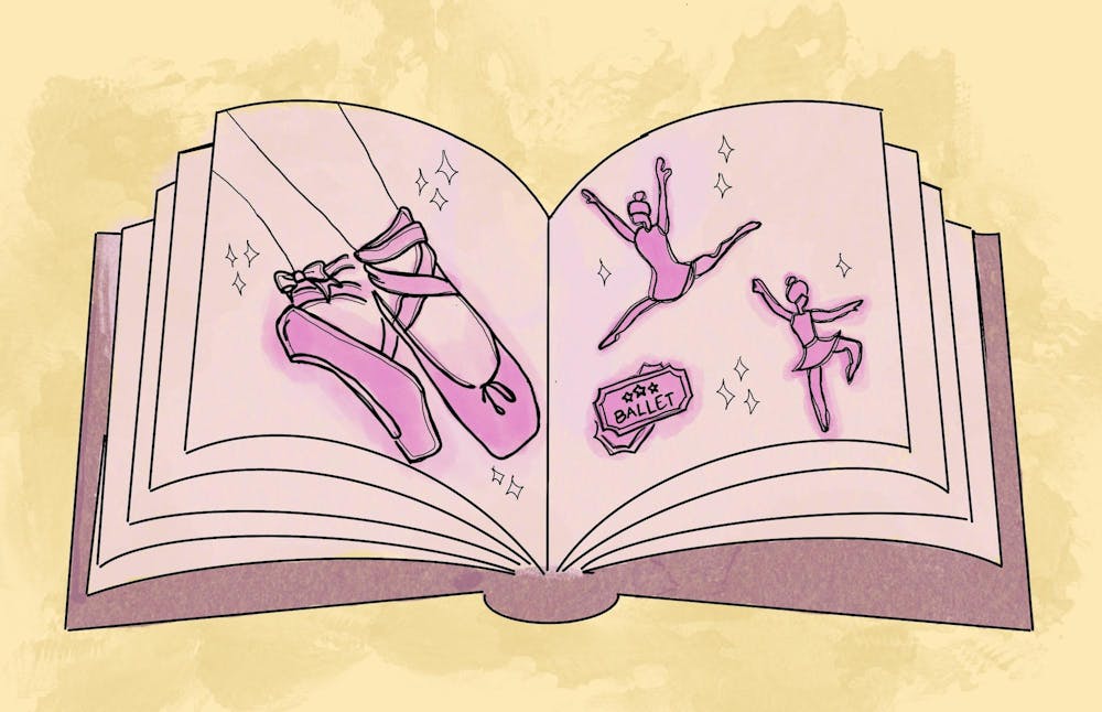 An illustration of an open book with pictures of ballet shoes, dancing ballerina figures, a ticket that says "BALLET," and twinkling stars. The book lays on a yellow background.