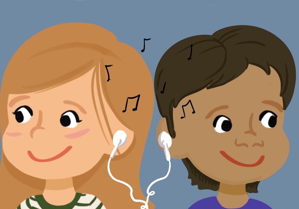 A cartoon of two people, one with long hair and lighter skin and the other with short hair and darker skin, sharing earbuds and listening to music.