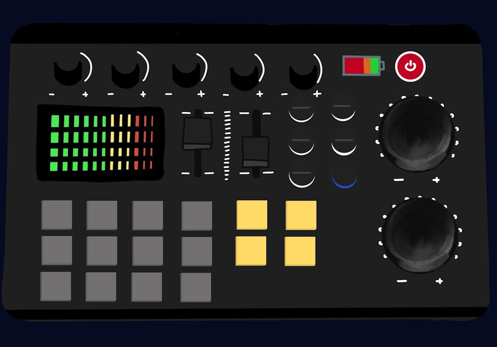 A drawing of a soundboard with buttons and knobs.