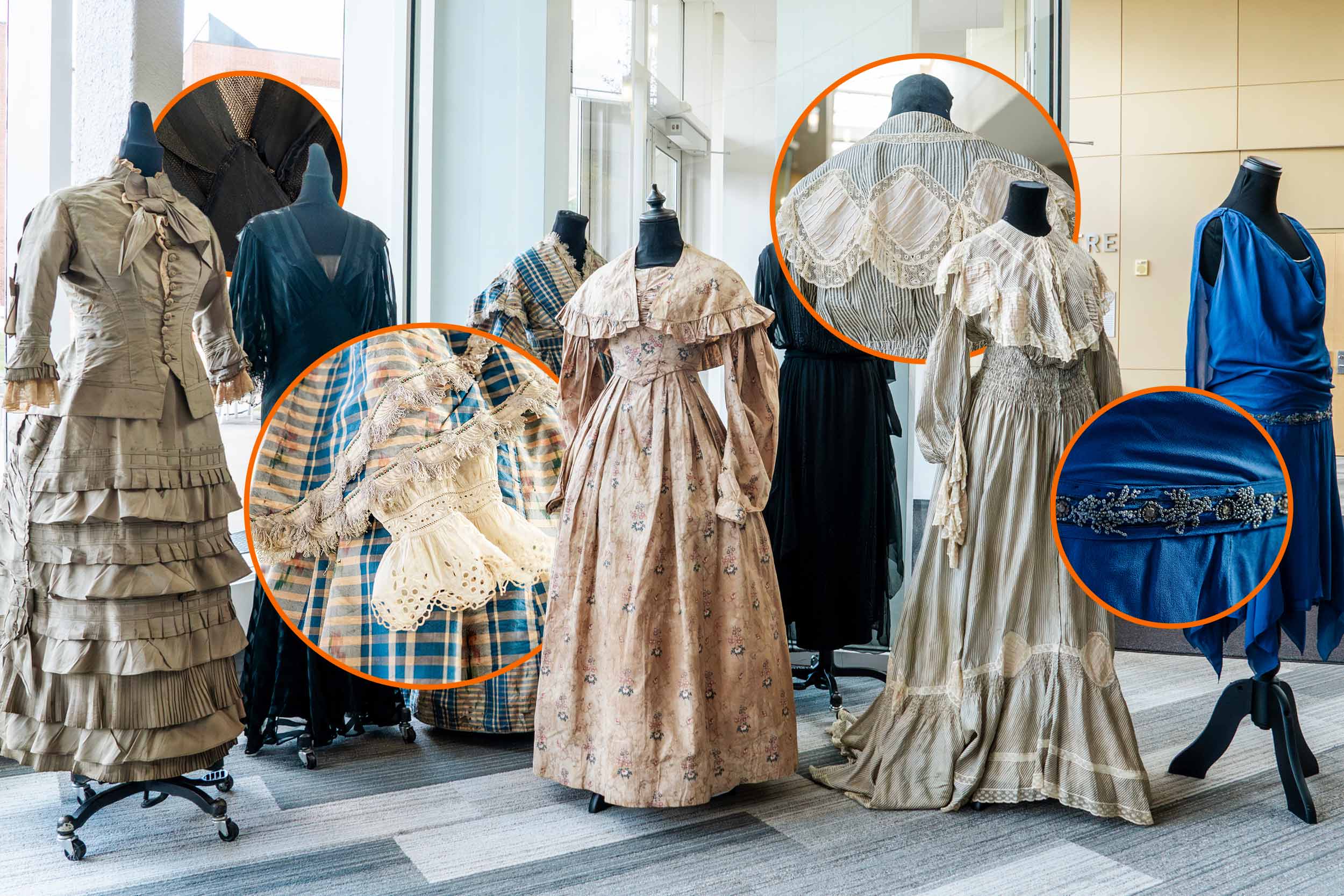 A collection of 19th century dresses of various colors and patterns, with several details highlighted with close-ups.