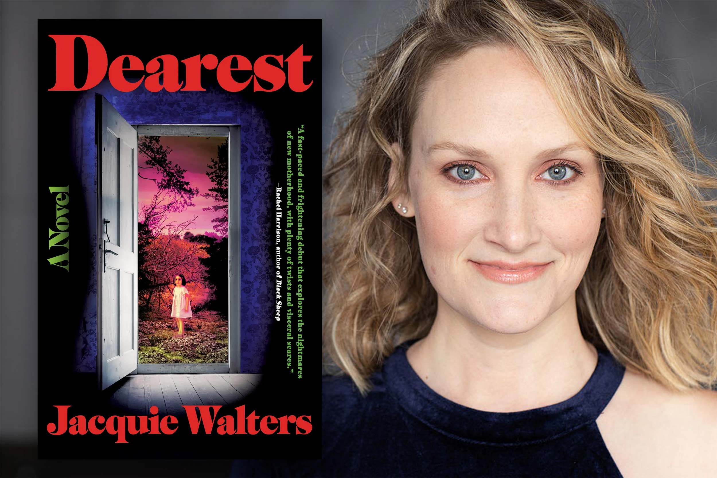 A photo of author Jacquie Walters next to the cover of her novel, "Dearest." The cover depicts a white open door that looks into an image of a girl standing in a field, backed by several trees and a pink sky. Across the top reads the title in a red font.