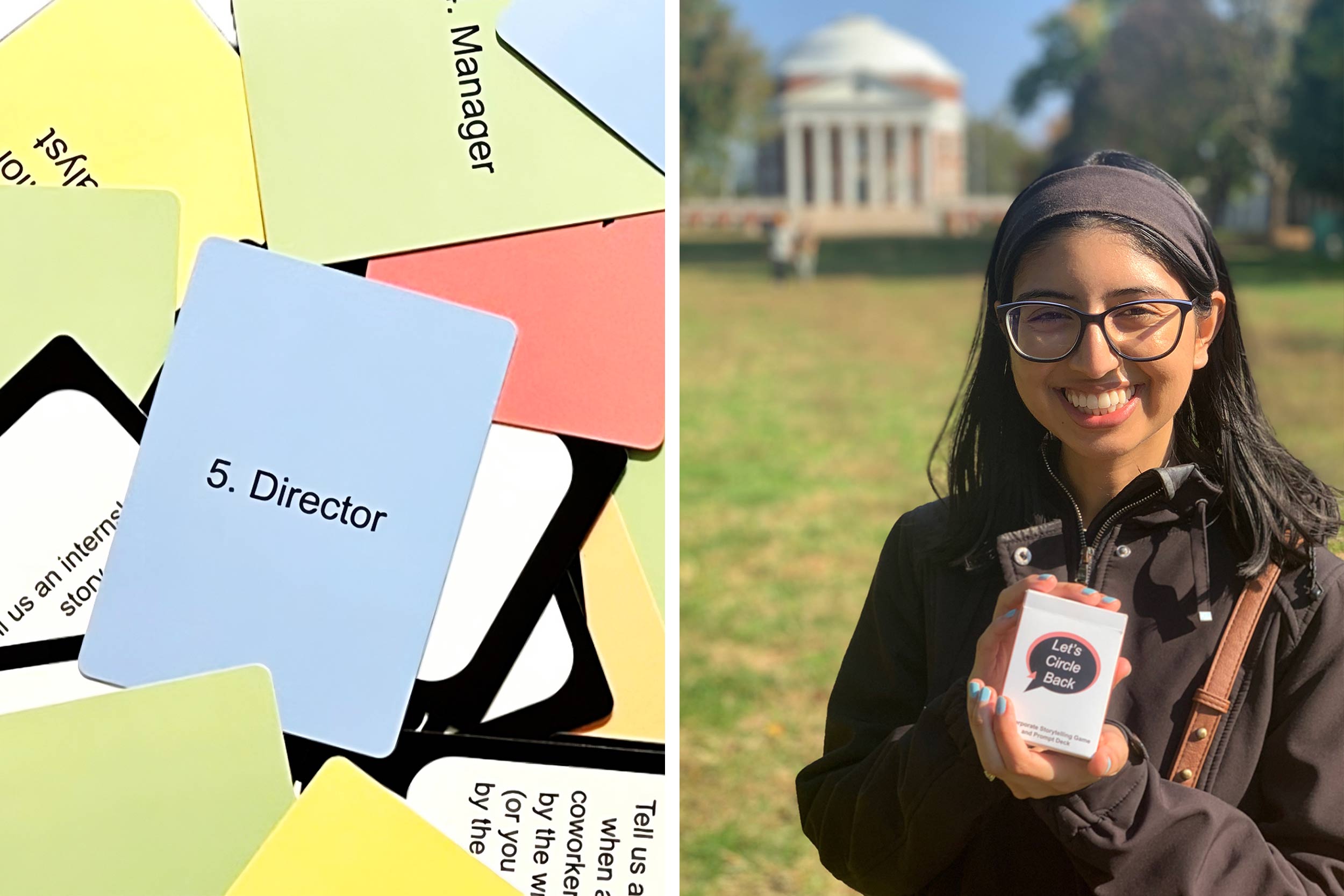 A split-screen image of Shivani Dimri smiling in front of the Rotunda, accompanied by a photo of red, blue, green, and white playing cards; the one on top reads "director."