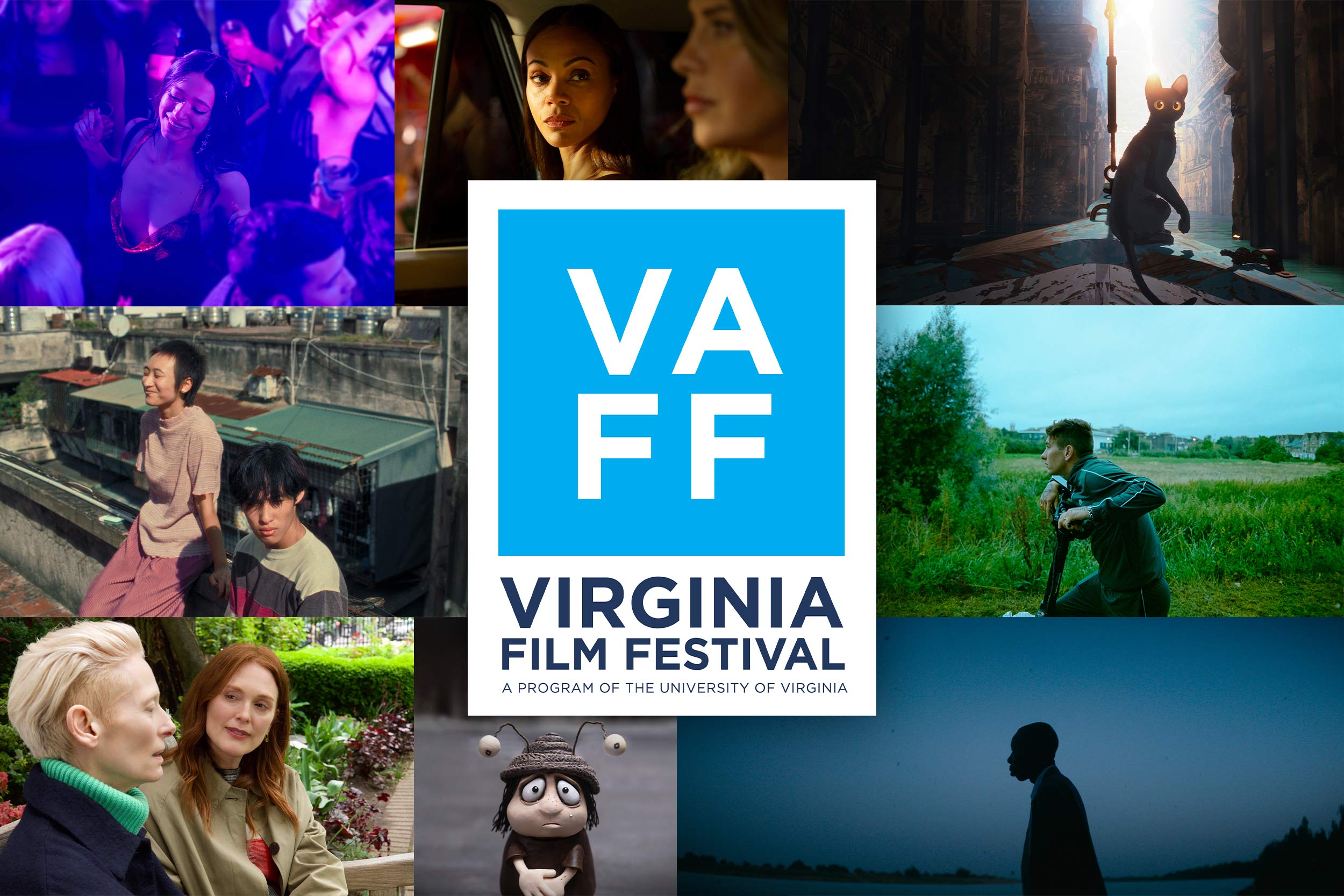 The Virginia Film Festival Logo, which features a blue square with "VA" over "FF," surrounded by stills from featured movies in the festival.