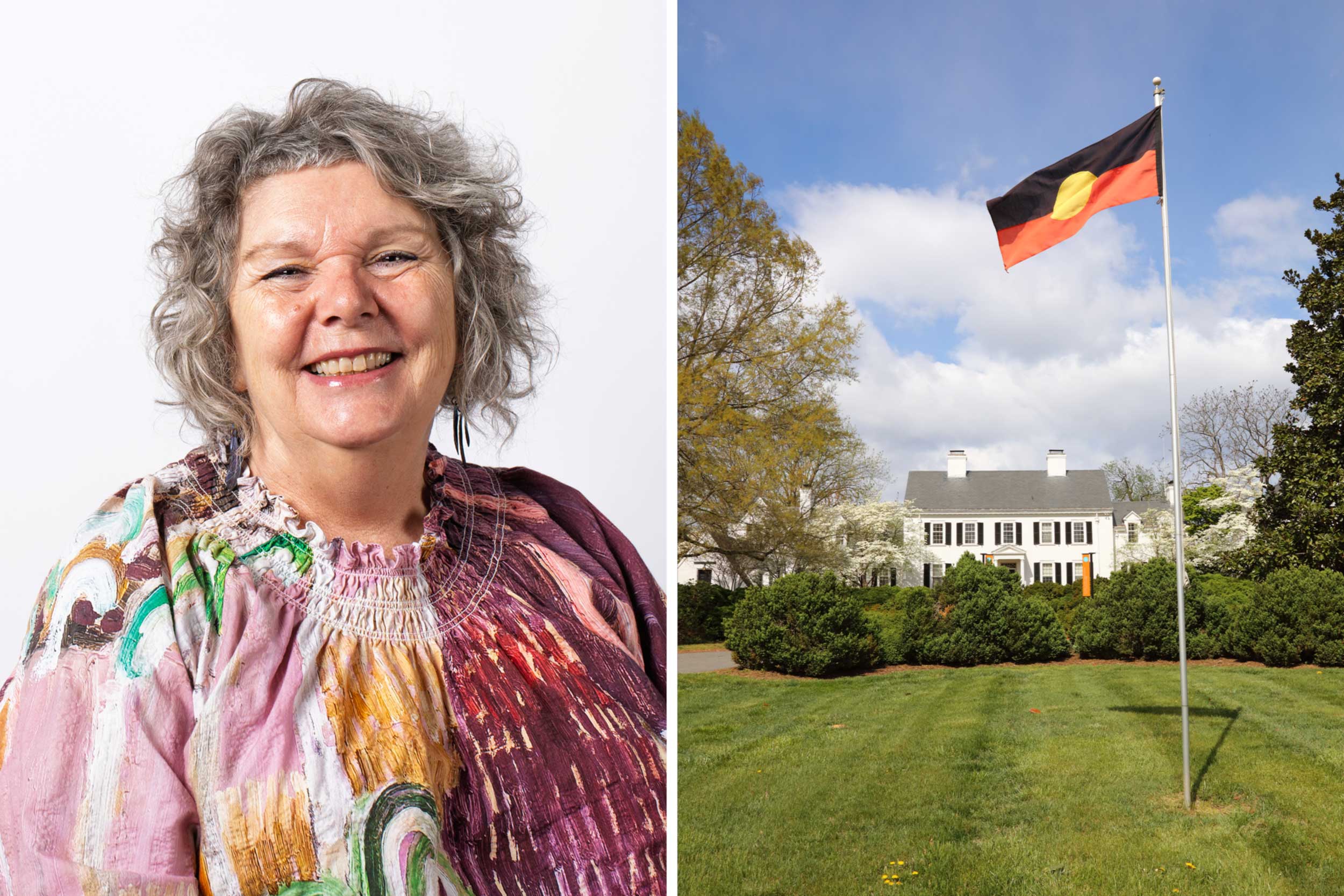 A photo of Nici Cumpston, smiling at the camera, next to a photo of the outside of the Kluge-Ruhe Aboriginal Art Collection, a white building that resembles a house.