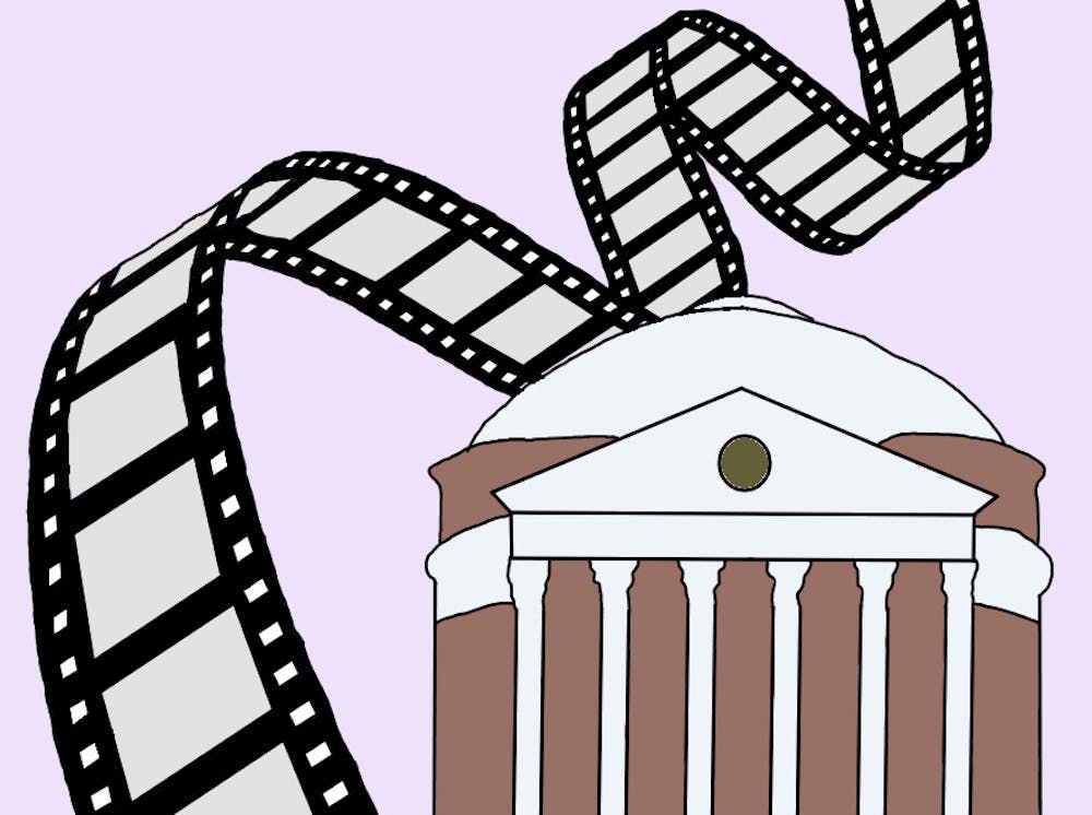 An illustration of the Rotunda next to a large, snaking roll of film, both against a pink background.