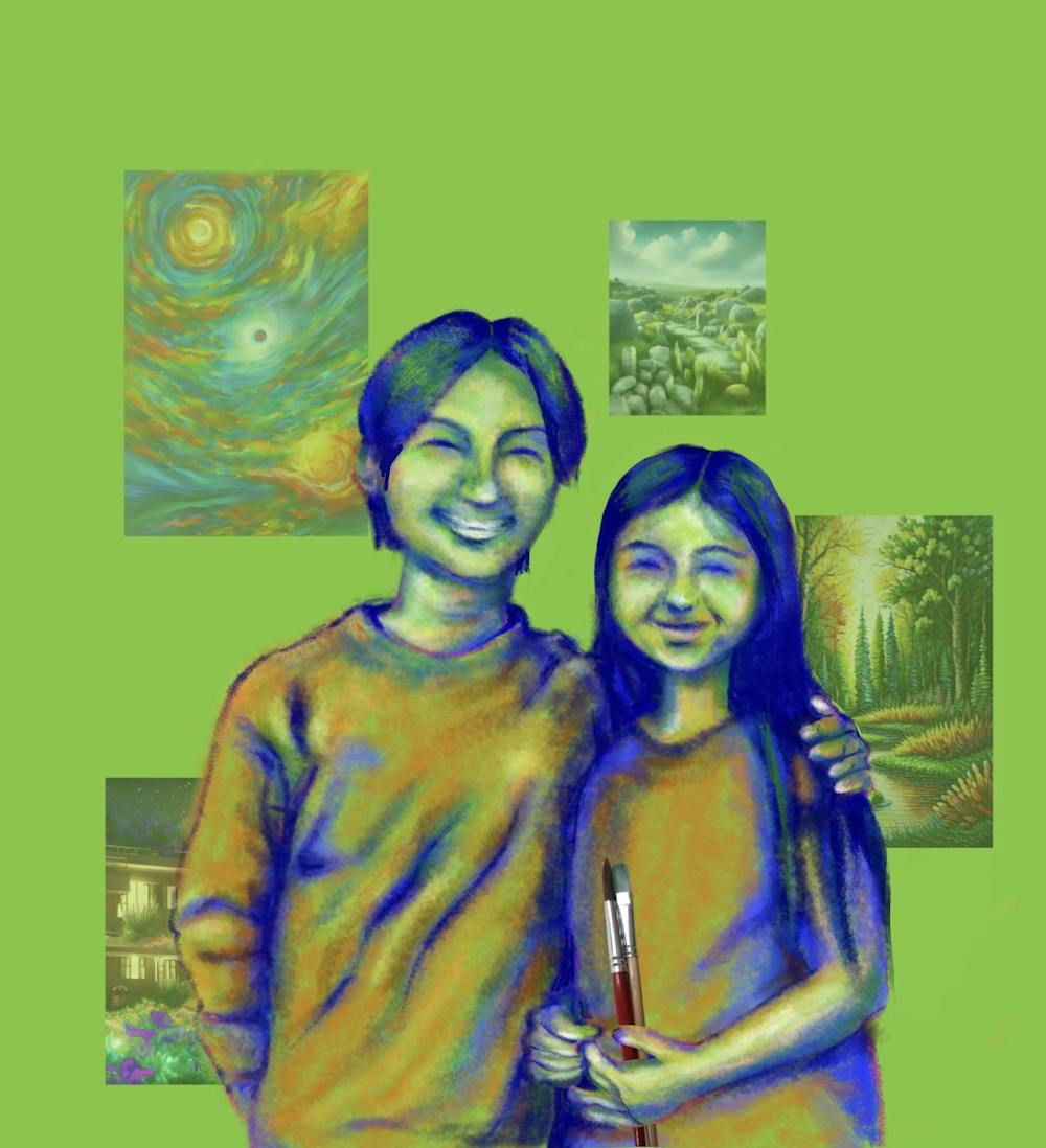 An illustration of two students, one taller with his arm around the other, who holds paint brushes. They stand in front of a green background with a collage of paintings.