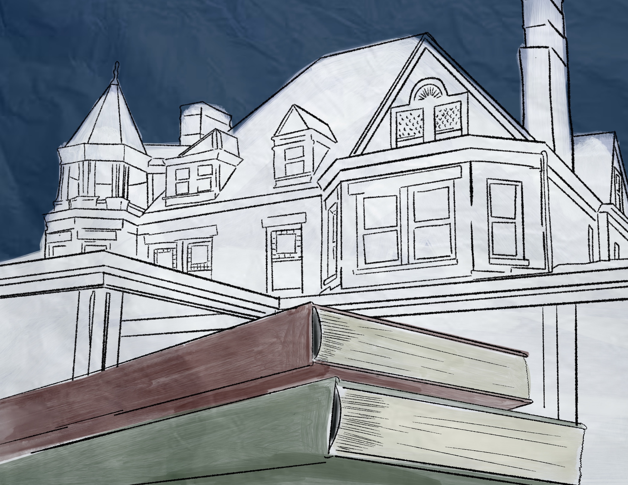 An illustration of a stack of books in the foreground, in front of an illustration of UVA's French House.