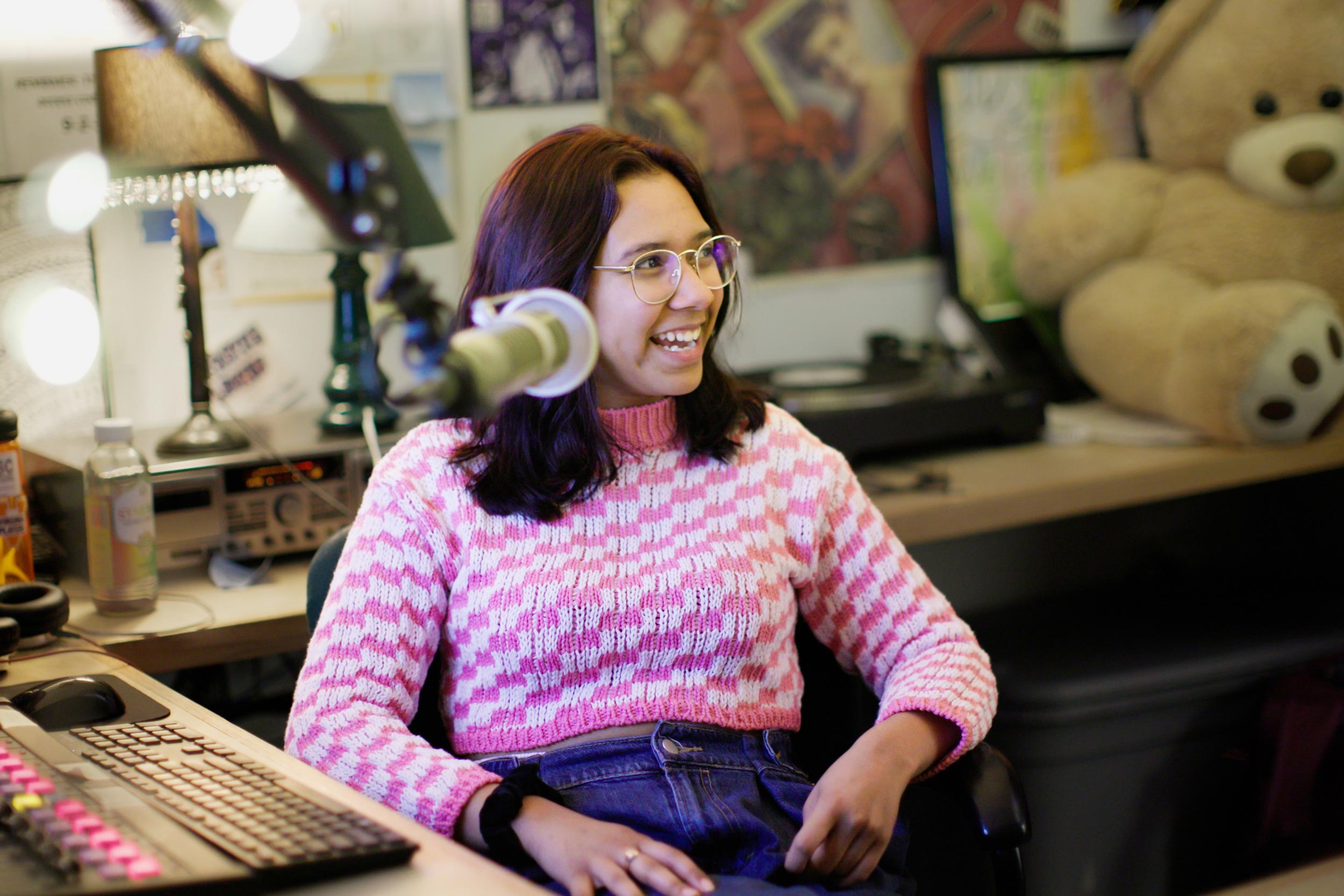 Fourth-year student Mary Hall is a co-director of the free-form student radio station WXTJ. She was recruited to the station in her first year. (Photo by Kelly West, University Communications)