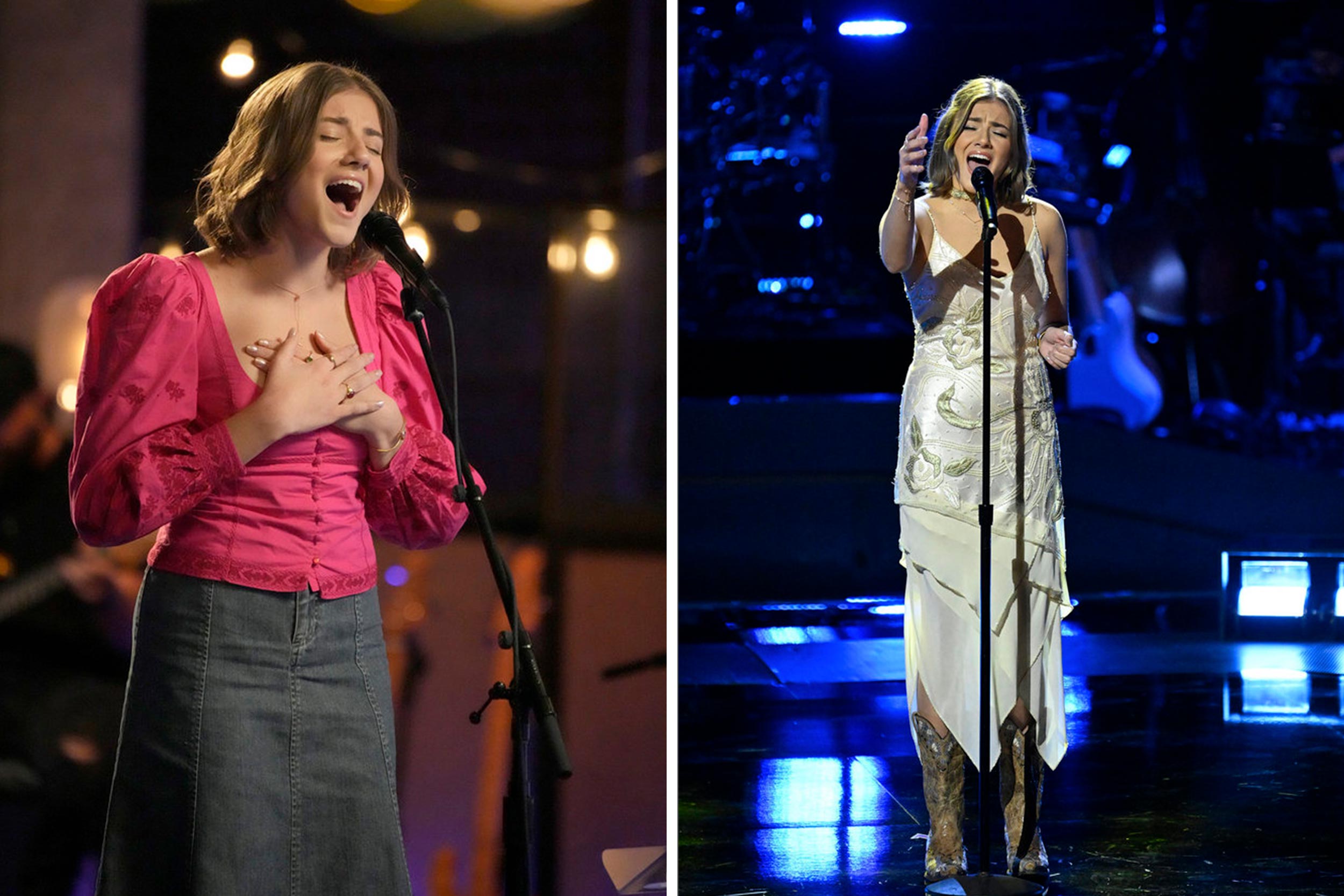 Two side-by-side photos on Marijic: on the left, she wears a pink shirt and sings into a mic during rehearsals; on the right, she wears a long white dress while singing into a microphone onstage.
