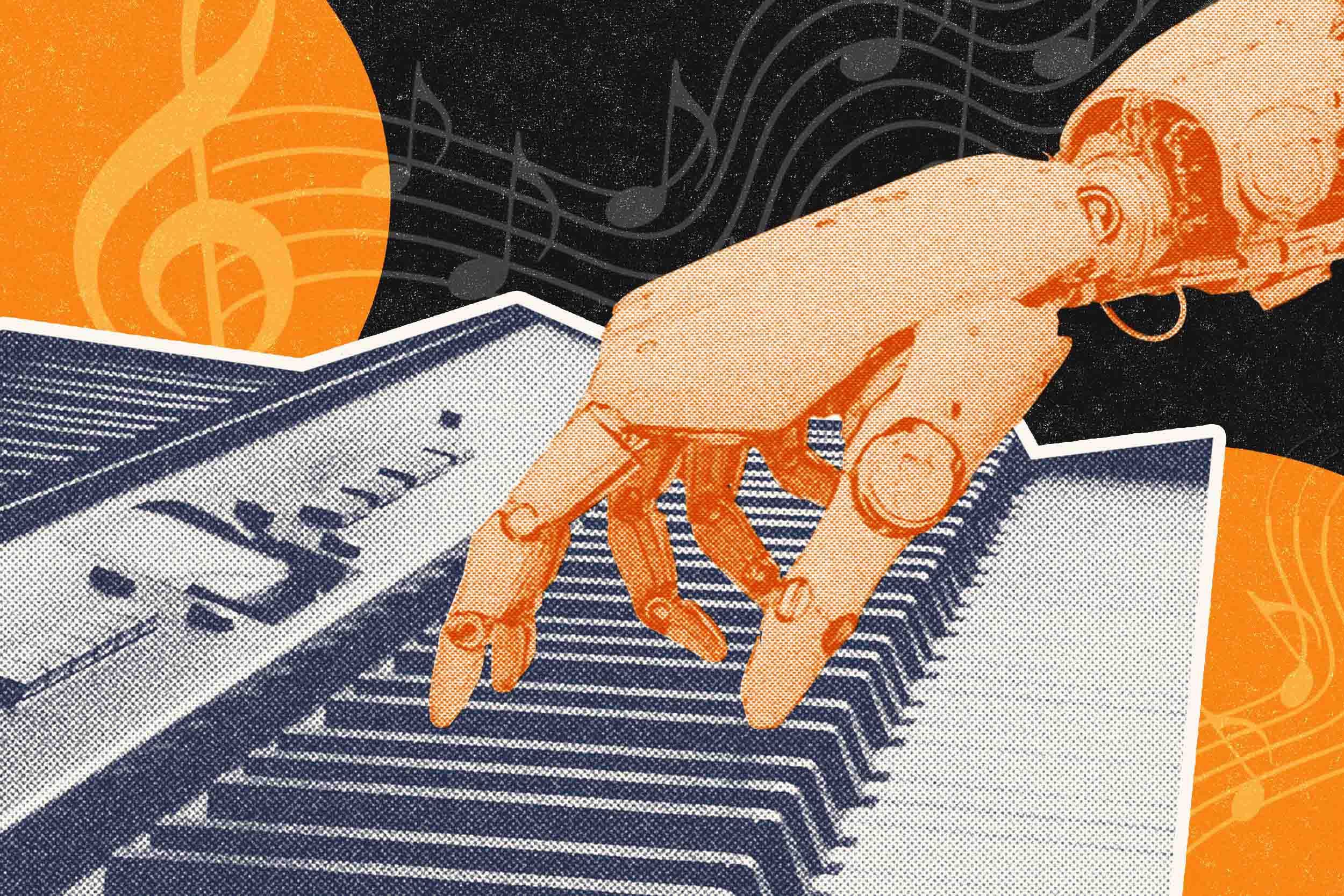A fake robot hand image is shown playing a keyboard, with a music staff clipart in the background.