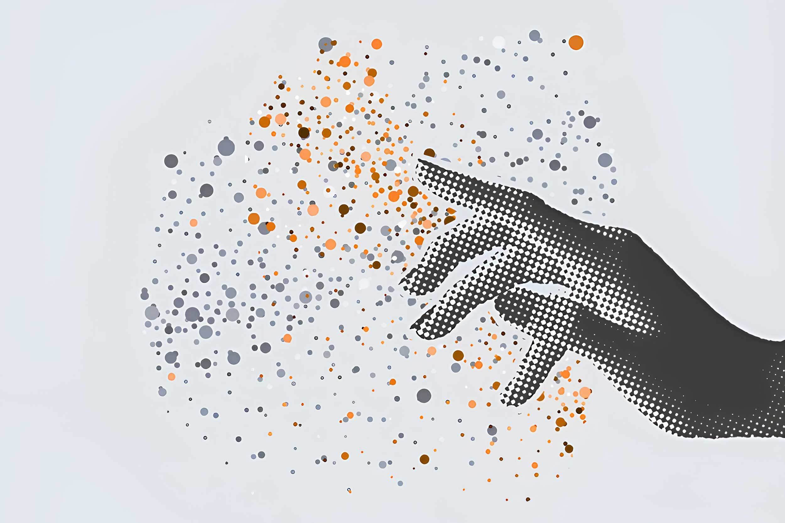 A digital image of a hand with a pixelated filter, and a cluster of grey and orange dots surrounding the hand's fingertips.