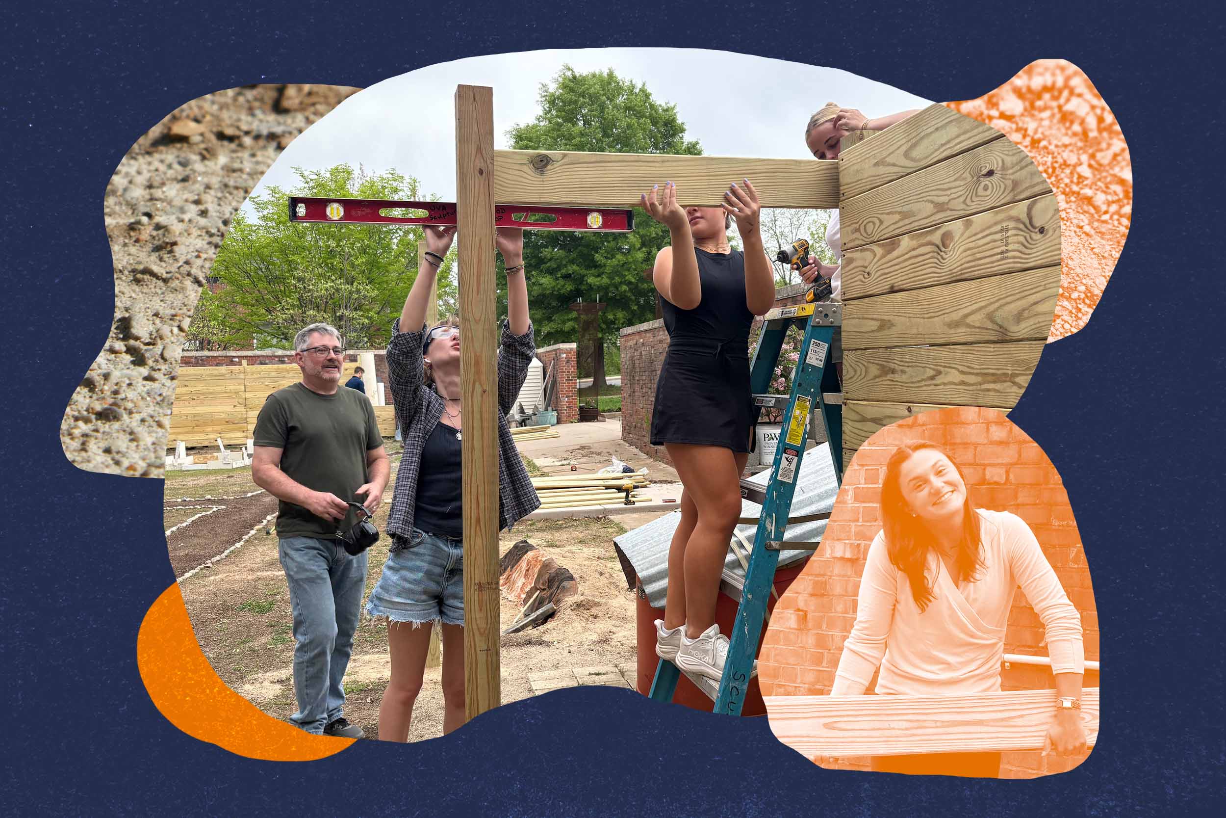 Students wrap their garden with a wooden wall. (Illustration by Johnny Utterback, University Communications)