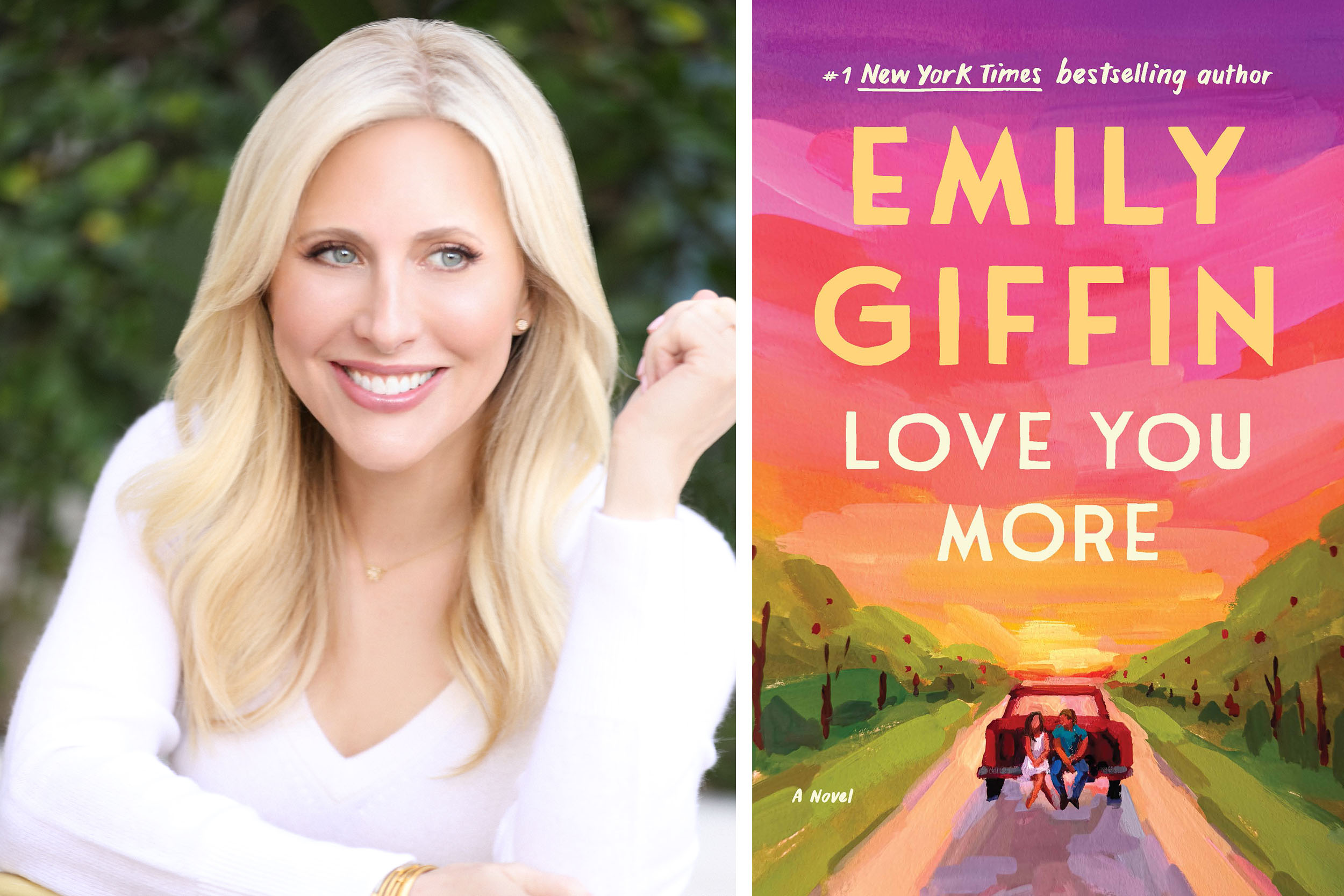Split image with the portrait of a woman and the book cover for "Love You More" featuring a road leading to a sunset.