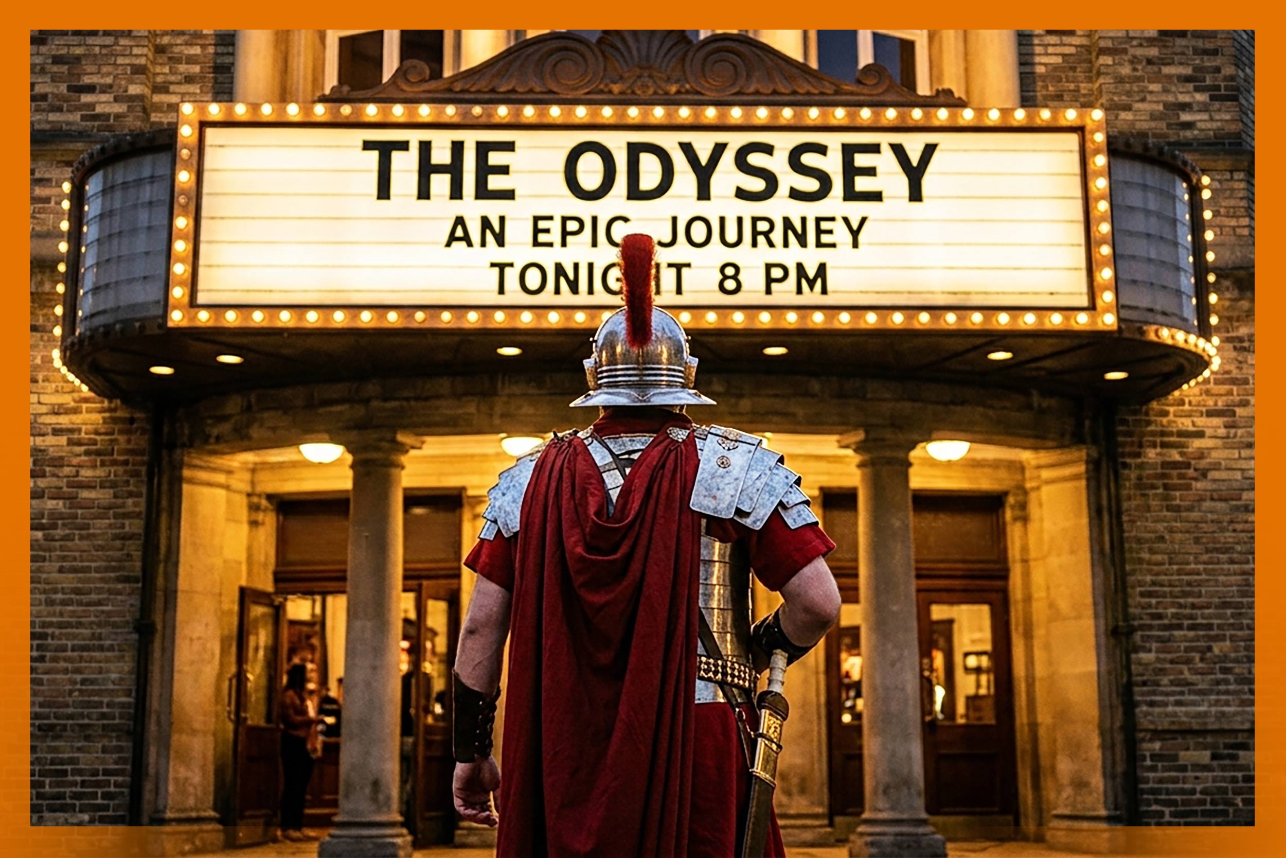 Image of man in ancient greek costume facing a movie theater labeled "The Odyssey." 
