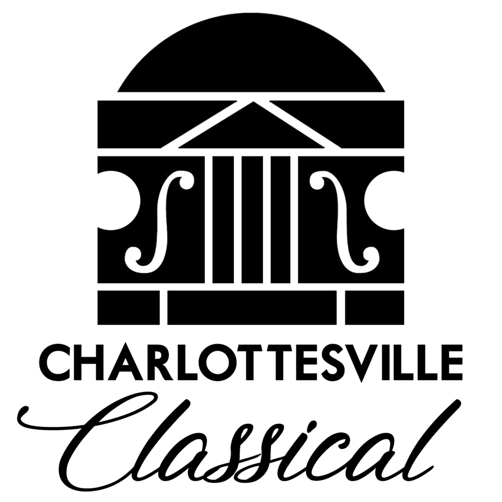 A logo that makes the rotunda look like a musical instrument rests on top of the words "Charlottesville Classical"