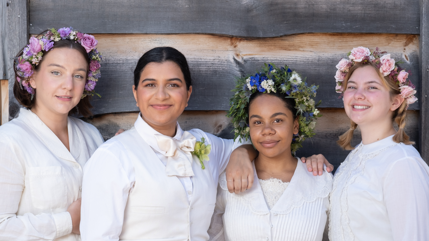 The March sisters Meg Jo, Beth, and Amy (l-r Christine Jacobs, Sanjana Taskar, Summer Ainsworth, and Alexa Moore)  navigate from childhood to adulthood in the Virginia Theatre Festival’s production of LITTLE WOMEN by Kate Hamill. Photo by Coe Sweet.