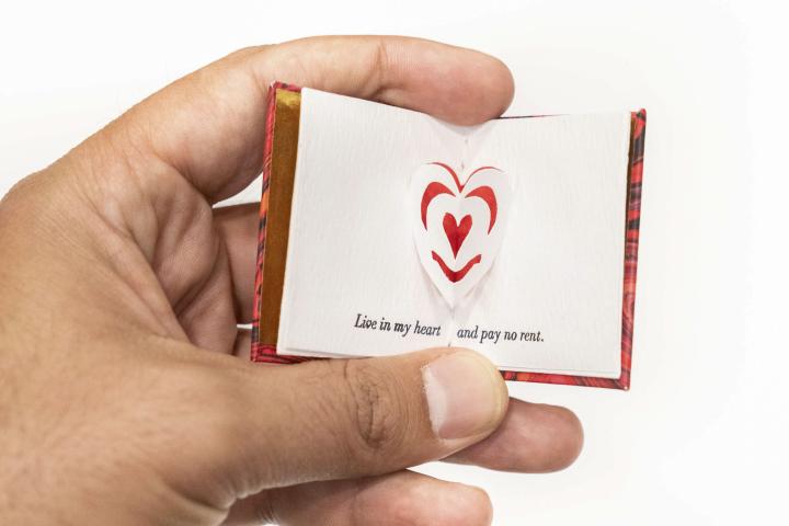 This miniature book, titled “A Valentine,” was made by Jeanne Goessling and is part of the library’s McGehee Miniature Book Collection (for more about that collection, see the link in the first paragraph).